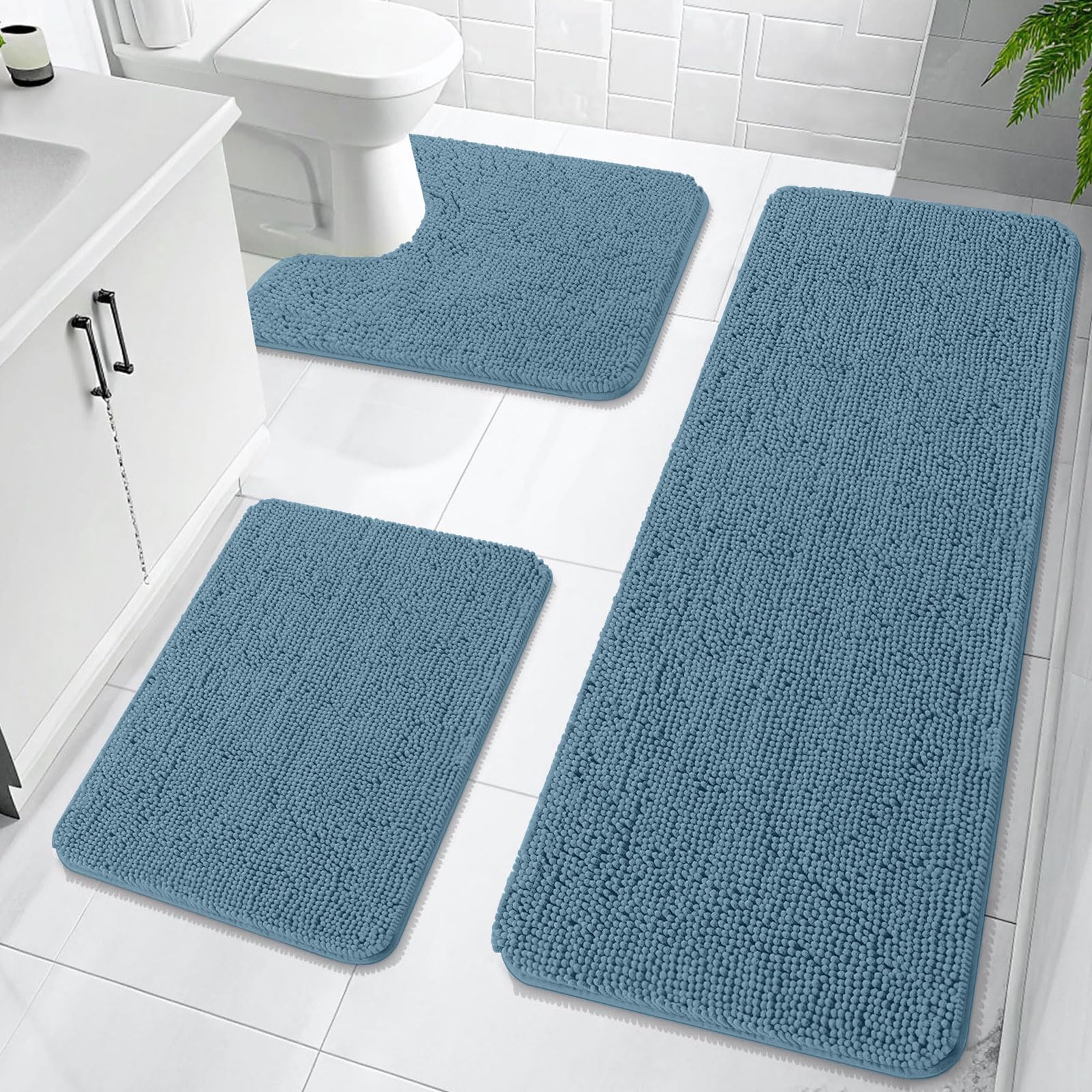 OLANLY Bathroom Rugs Sets 3 Piece, Soft Absorbent Chenille Bath Mats and U-Shaped Contour Toilet Rug, Quick Dry, Home Decor Accessories, Bath Mat Set for Bathroom (30"x20"+24"x16"+24"x20", Grey)