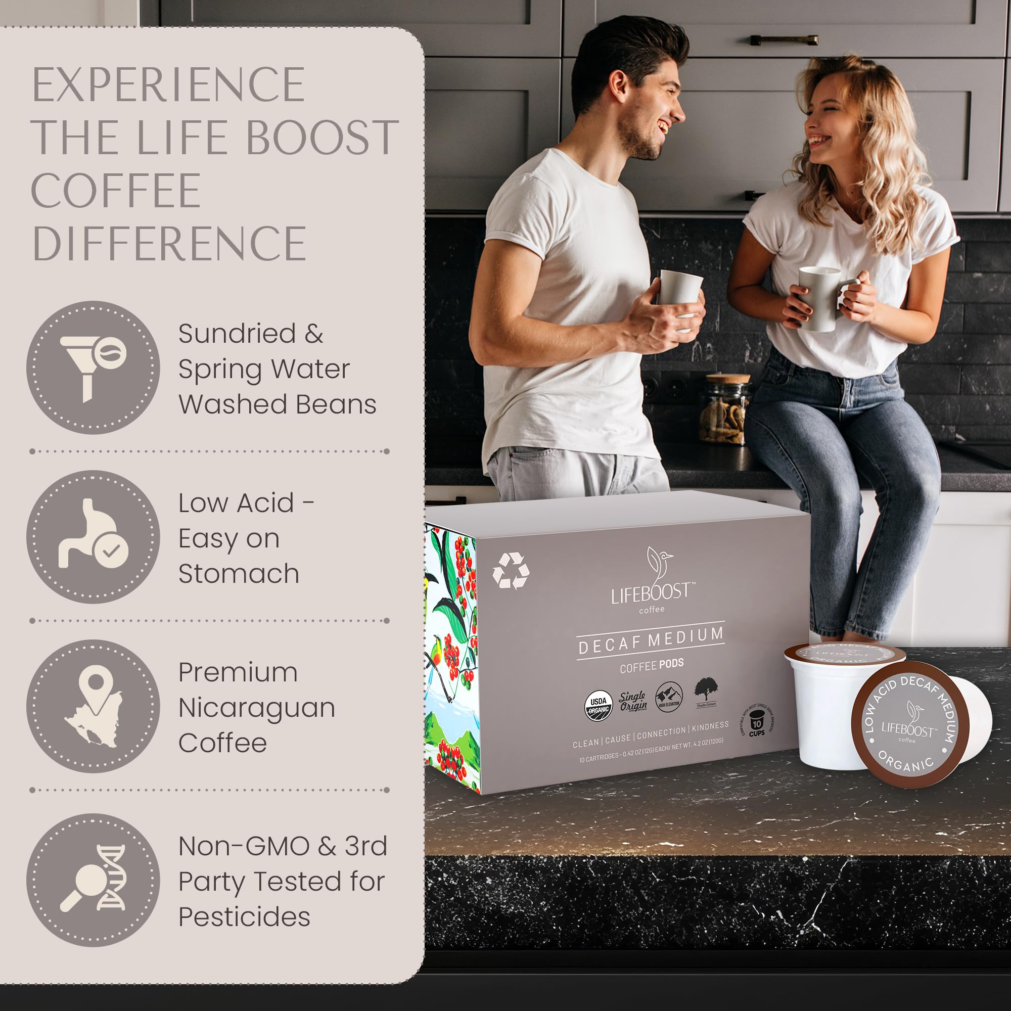 Lifeboost Medium Roast Low Acid Coffee K Cups - Single Origin Mold Free Non-GMO Organic Coffee Pods - Compatible with Keurig & Keurig 2 Machines - 10 Count