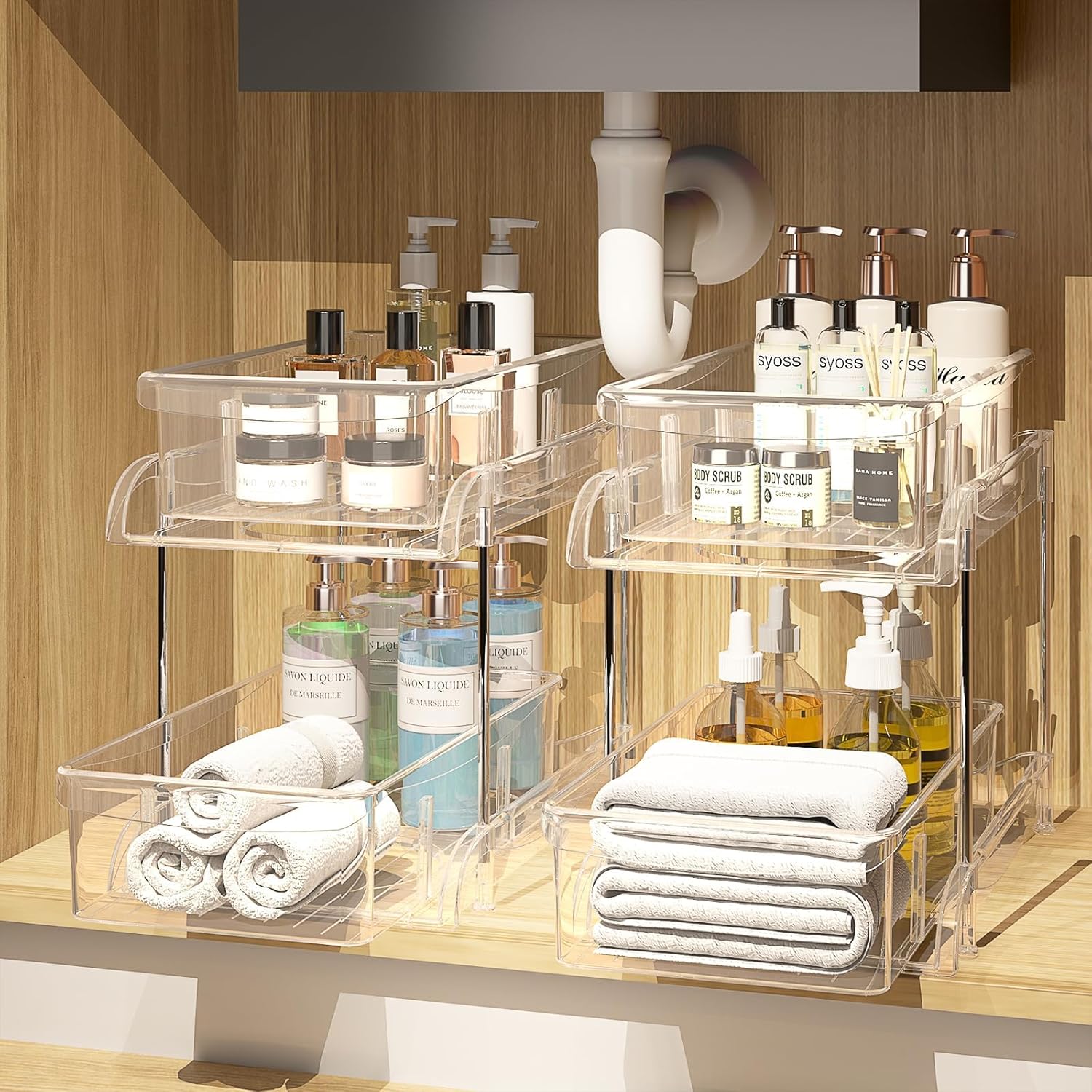 2 Pack Bathroom Cabinet Organizer, 3 Pack Under Sink Organizers and Storage L-Shaped