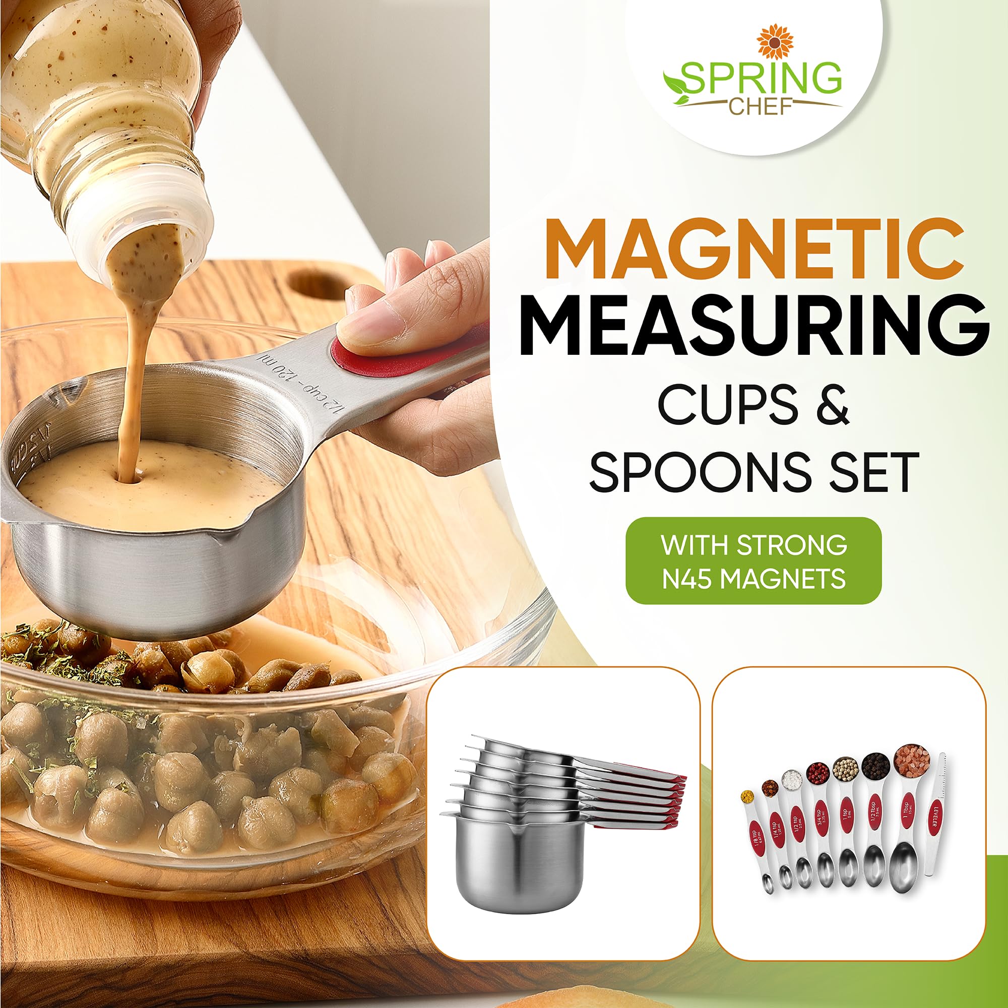 Spring Chef Magnetic Measuring Cups & Spoons Set, Patented, Strong N45 Magnets, Heavy Duty Stainless Steel Fits in Spice Jars for Baking & Cooking, BPA Free, Round Set of 15 with Leveler, Black