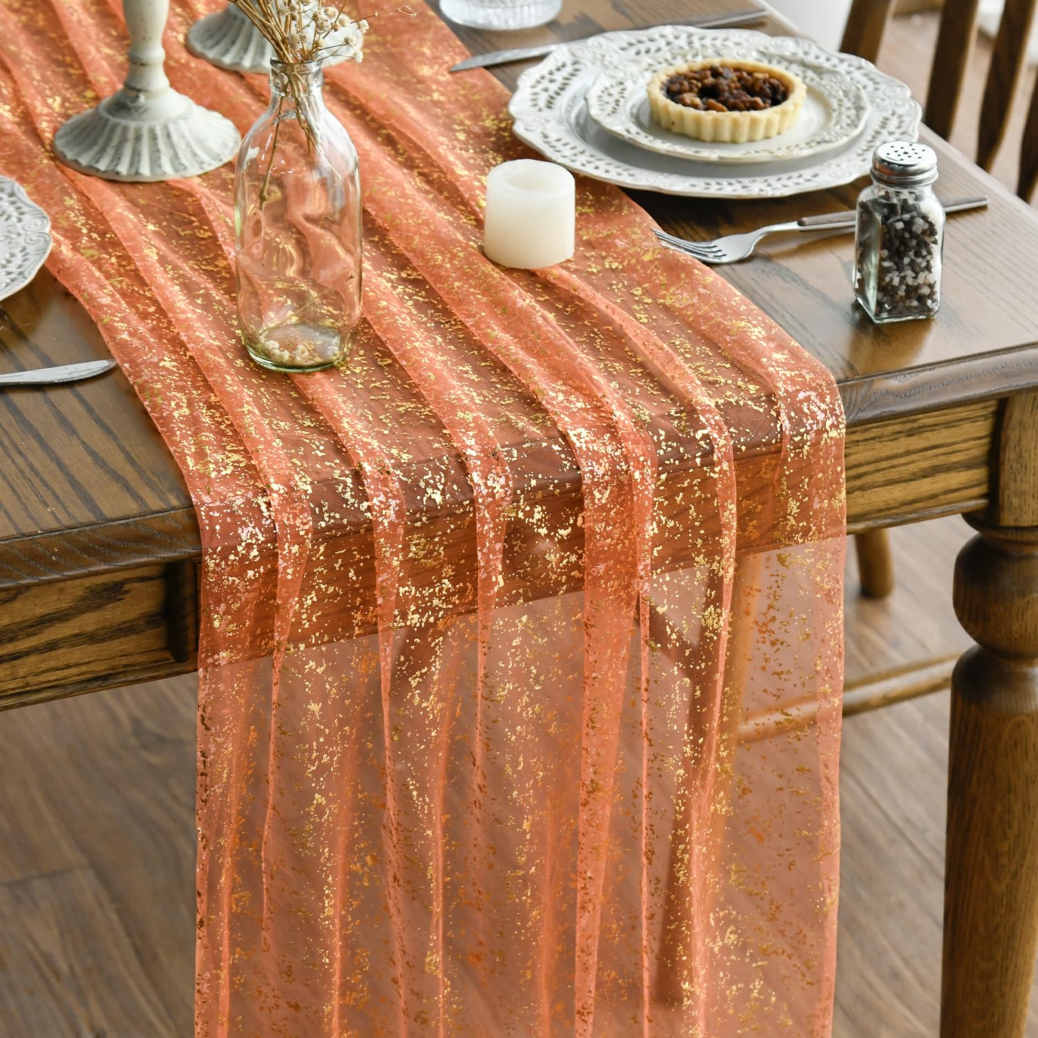 Artoid Mode Beige Gold Gauze Table Runner 120 Inch 10FT, Glitter Metallic Foil Sheer Dining Wedding Anniversary Holiday Birthday Table Decor for Home Party