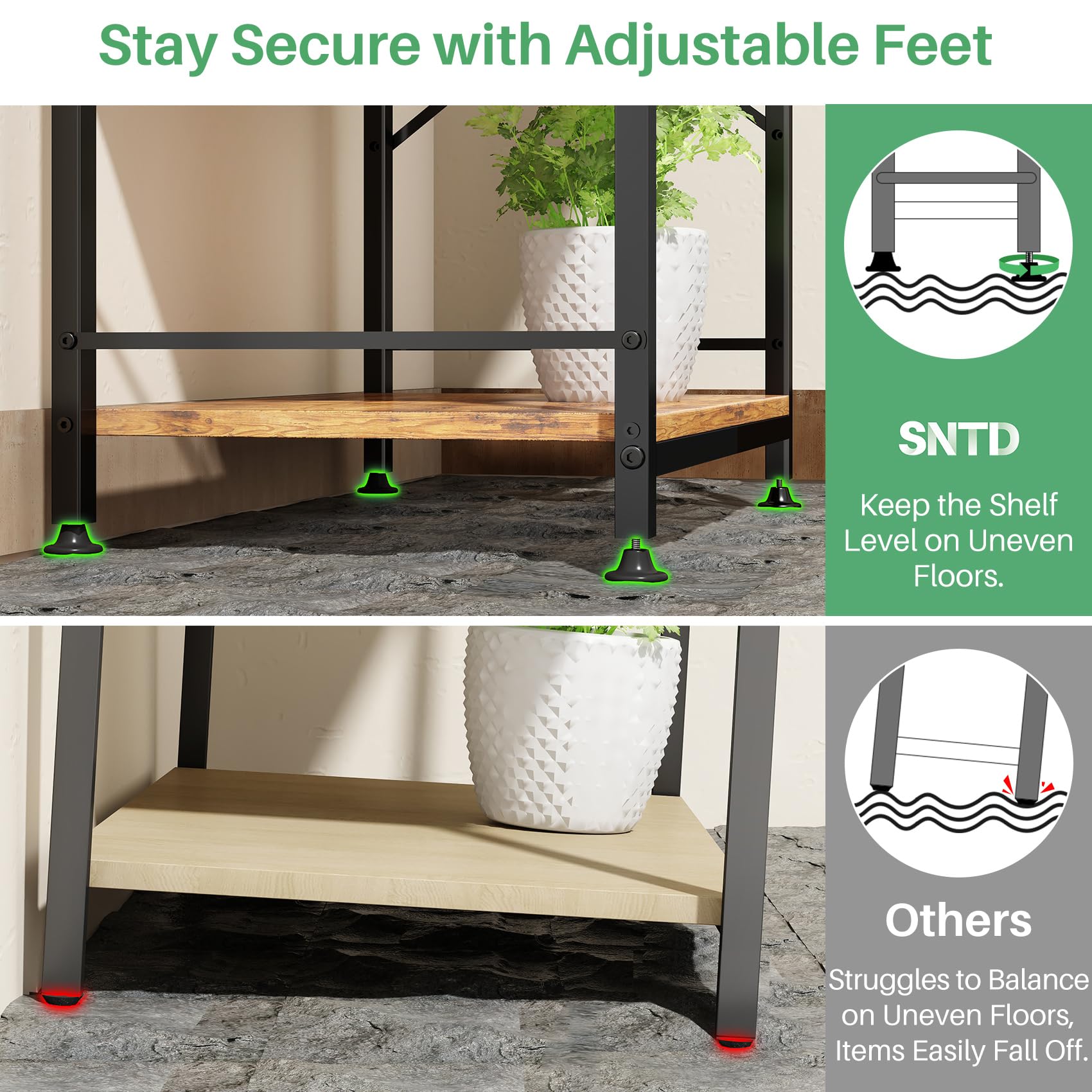 SNTD Bakers Rack with Power Outlet, Kitchen Shelves Microwave Stand with Wire Grid and 10 Hooks, 4 Tiers Coffee Stand (Rustic Brown, 23.5 x 15.6 x 52.8 Inches)