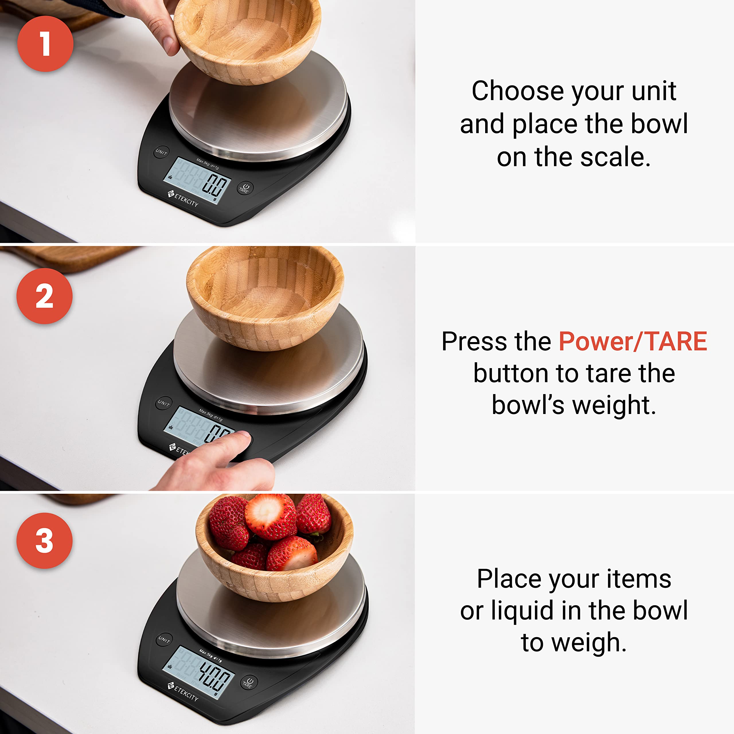 Etekcity 0.1g Food Kitchen Scale, Bowl, Digital Grams and Ounces for Weight Loss, Dieting, Baking, Cooking, and Meal Prep, 11lb/5kg, Stainless Steel Silver