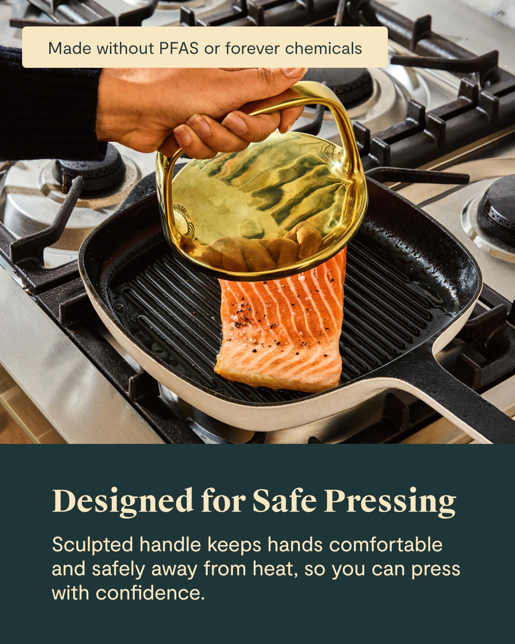 Caraway Grill Press with Handle - 100% Stainless Steel Body - Safe for Use with Pans and Grills - Ideal for Meat, Salmon, Tofu, Veggies - Sage
