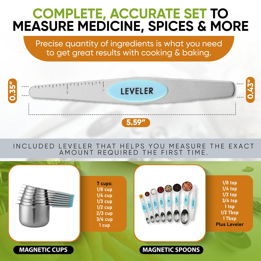 Spring Chef Magnetic Measuring Cups & Spoons Set, Patented, Strong N45 Magnets, Heavy Duty Stainless Steel Fits in Spice Jars for Baking & Cooking, BPA Free, Round Set of 15 with Leveler, Black