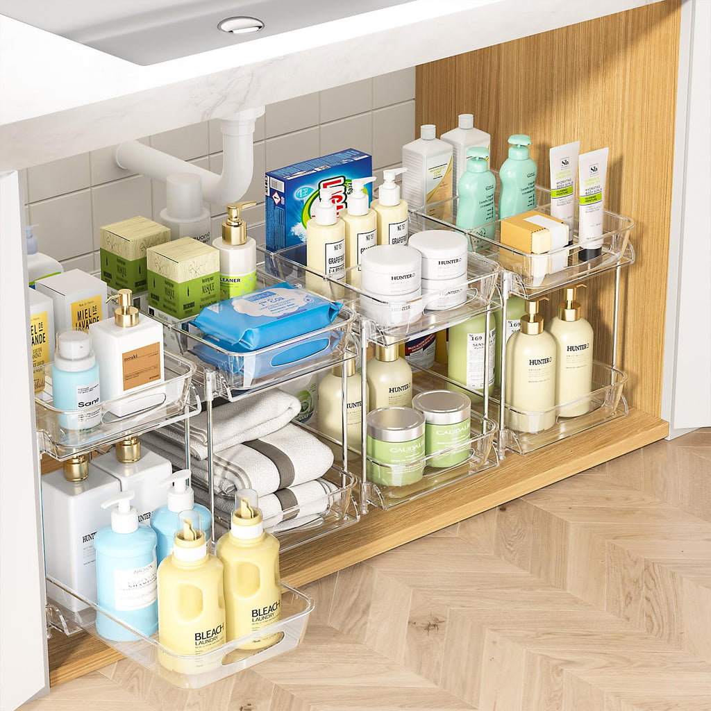 4 Pack Under Sink Organizer, Bathroom Organizers and Storage, 2 Tier Multi-Use Pull Out Cabinet Organizer with Hang Hooks and Cups (Black, 4 Pack)