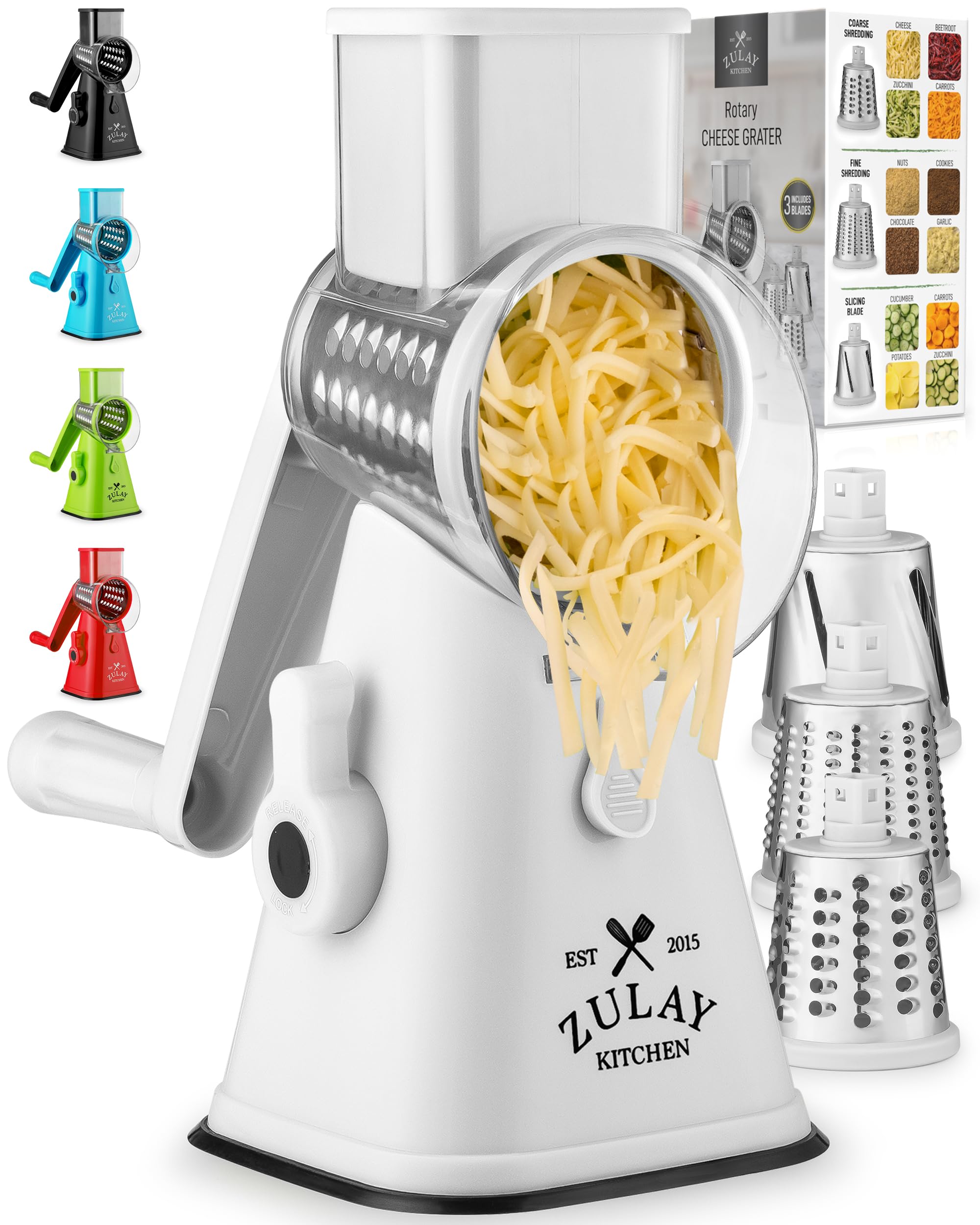 Zulay Kitchen Rotary Cheese Grater 5 Blade Cheese Shredder - Manual Hand Crank Cheese Grater With Reinforced Suction & 5 Interchangeable Drums - Easy to Use, Vegetable Chopper Round Mandoline Slicer