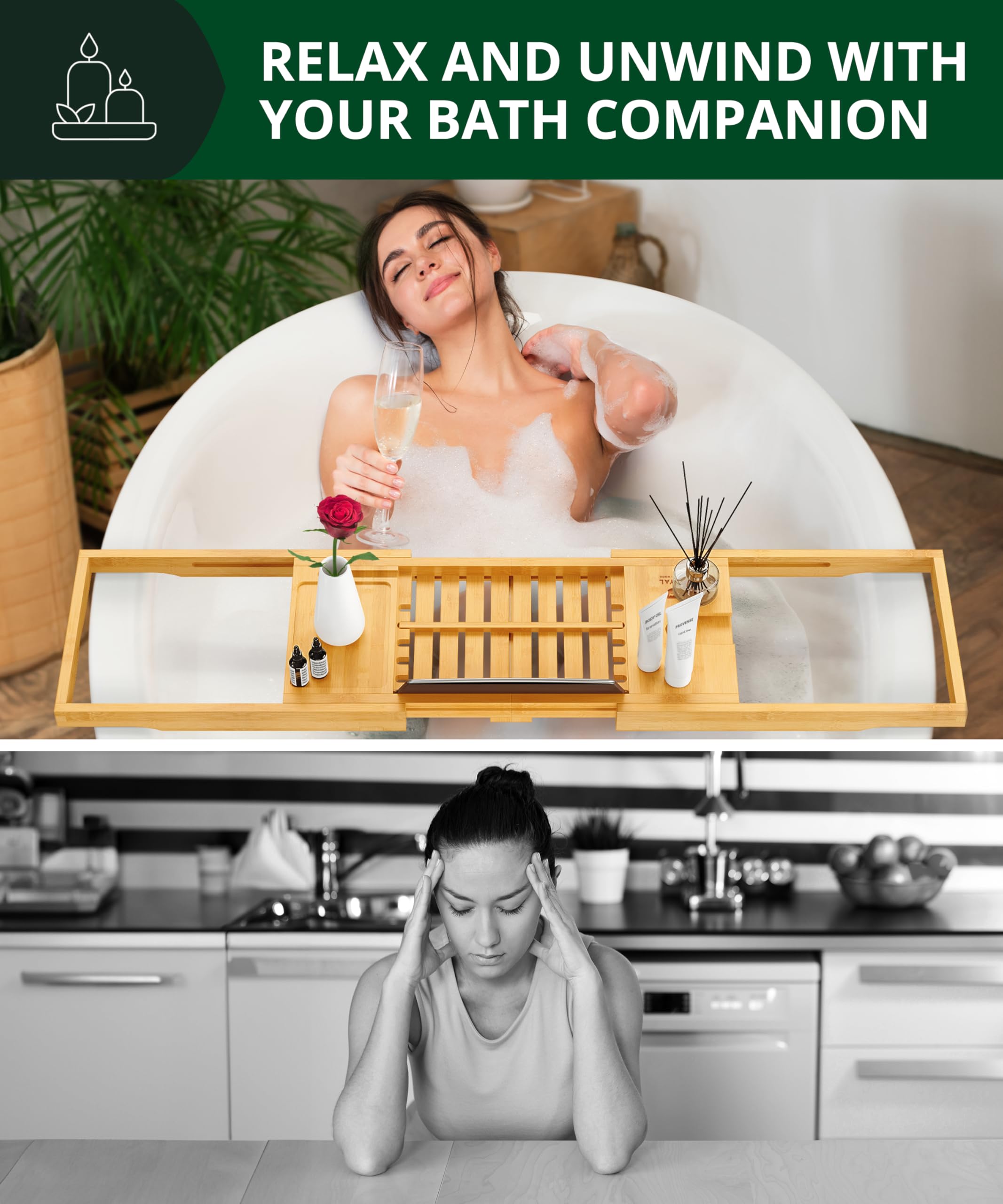 ROYAL CRAFT WOOD Premium Foldable Bathtub Tray Caddy - Wood Bath Tray for Tub, Bamboo Shelf, Expandable Bath Table Trays, Bathtub & Bathroom Accessories for New Home & Mothers, Birthday Gifts for Mom