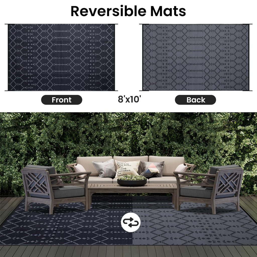 Smiry Waterproof Outdoor Rug 5x8 ft, Reversible Plastic Straw Patio Camping Rugs, Outdoor Indoor RV Mat Carpet for Patio, Outside Entry, Backyard, Deck, Bench, Picnic, Camper, Black & Beige
