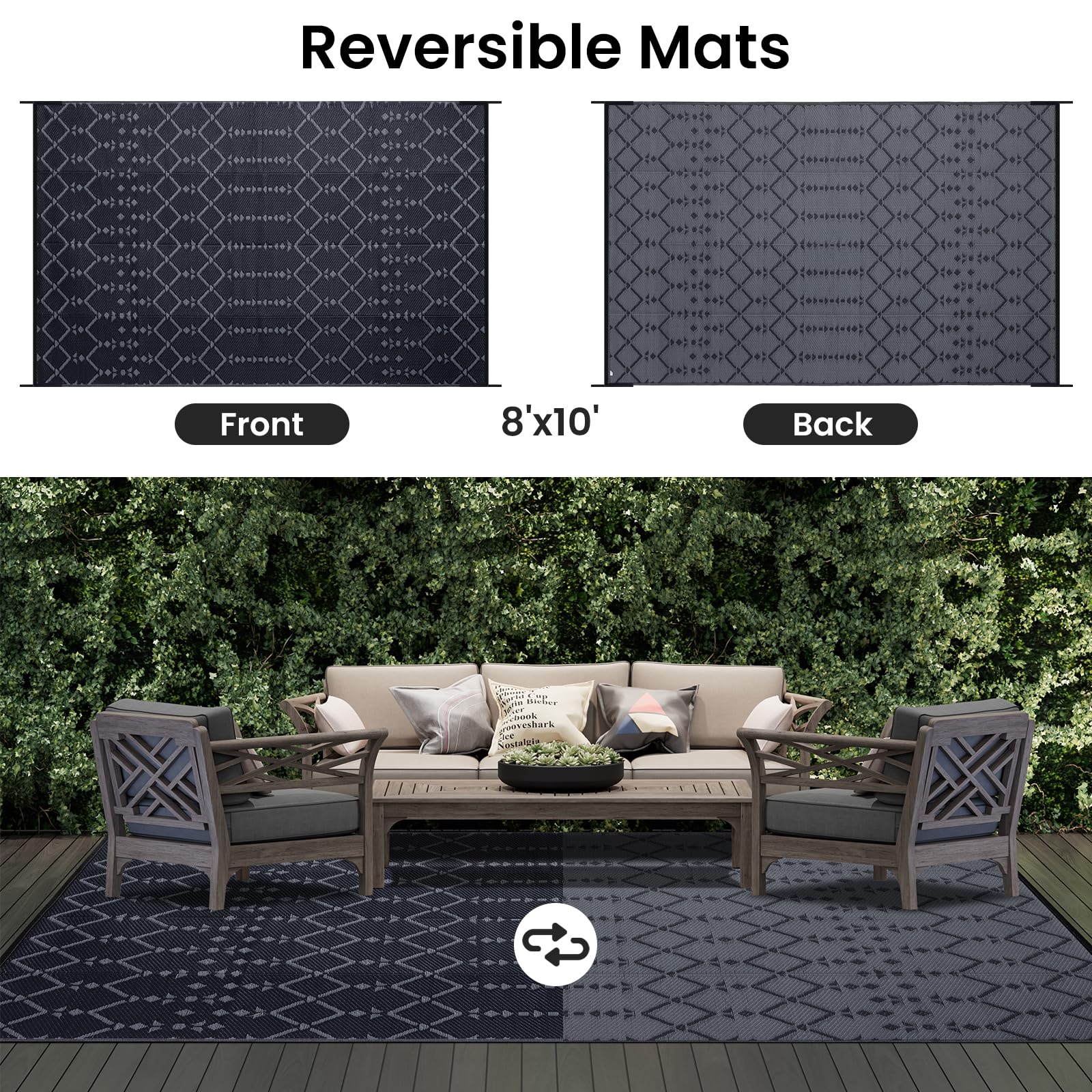 Smiry Waterproof Outdoor Rug 5x8 ft, Reversible Plastic Straw Patio Camping Rugs, Outdoor Indoor RV Mat Carpet for Patio, Outside Entry, Backyard, Deck, Bench, Picnic, Camper, Black & Beige
