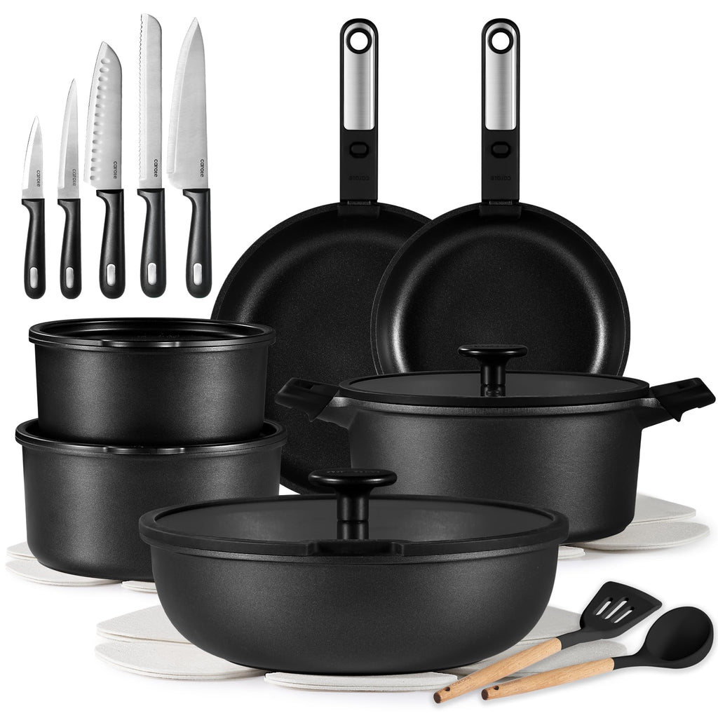 CAROTE 25pcs Pots and Pans Set Non Stick, Cookware Sets, Kitchen Set, Oven/Dishwasher/Fridge Safe, Space Saving Pots Set, Nonstick Set with Versatile Detachable Handle with Knife Set, Jet Black