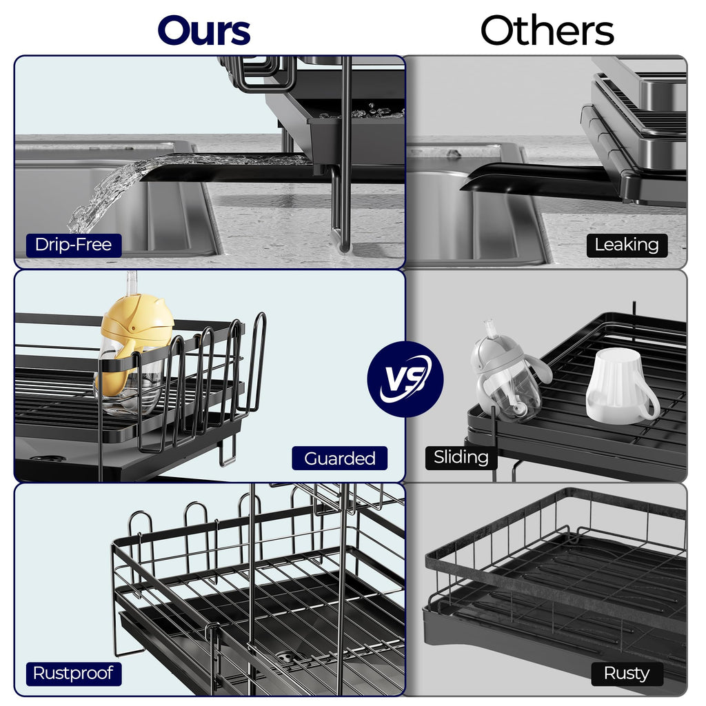 Large Dish Drying Rack, Expandable Dish Rack for Kitchen Counter, Upgraded Dish Drainer with Drainboard Set, Multifunctional Dishrack with Utensil Holder & Cup Holder, 13.4"-28.7" L x 11.8" W