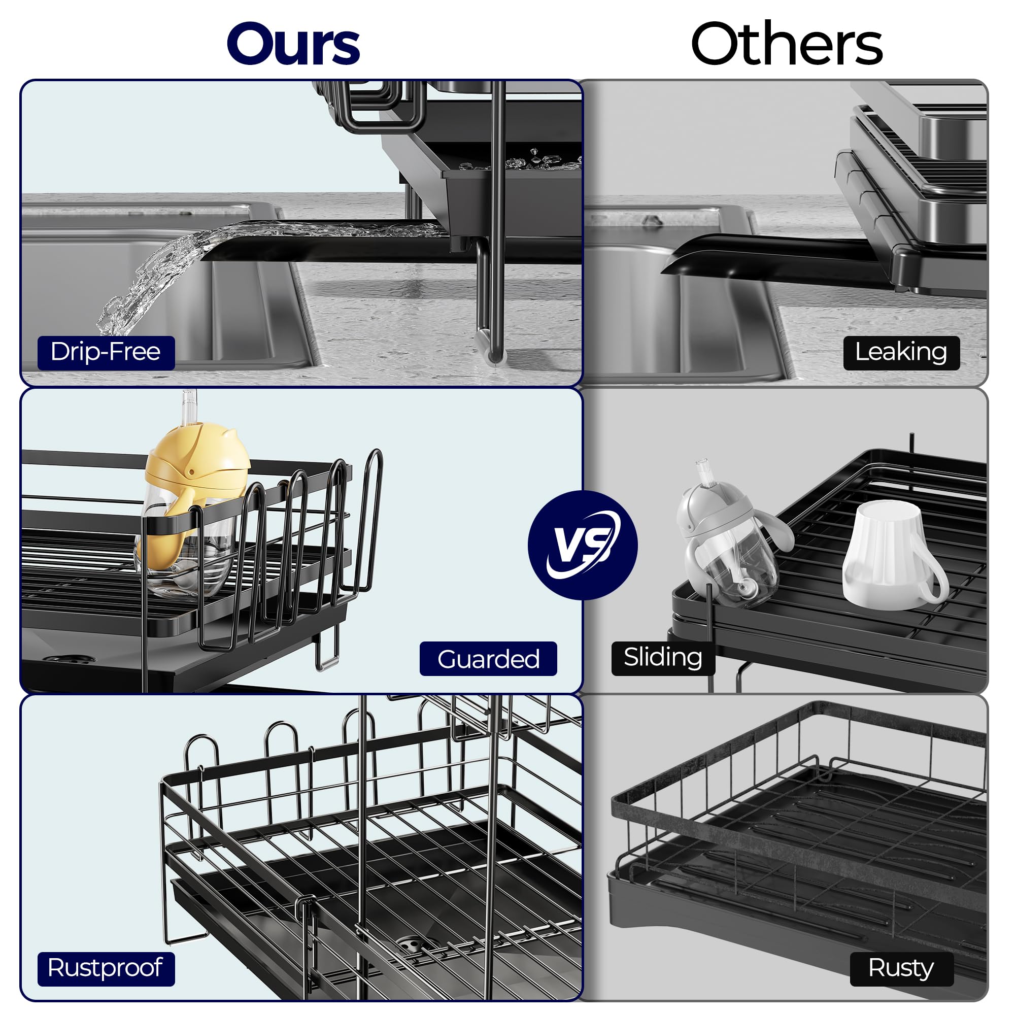 Large Dish Drying Rack, Expandable Dish Rack for Kitchen Counter, Upgraded Dish Drainer with Drainboard Set, Multifunctional Dishrack with Utensil Holder & Cup Holder, 13.4"-28.7" L x 11.8" W