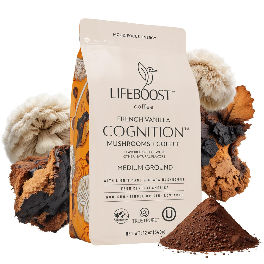 Lifeboost Cognition Adaptogenic Mushroom Coffee - Great Tasting Organic Lions Mane & Chaga Medium Roast Nootropic Coffee - Increase Energy, Boost Focus & Immune Support - 12 oz Bag - Ground