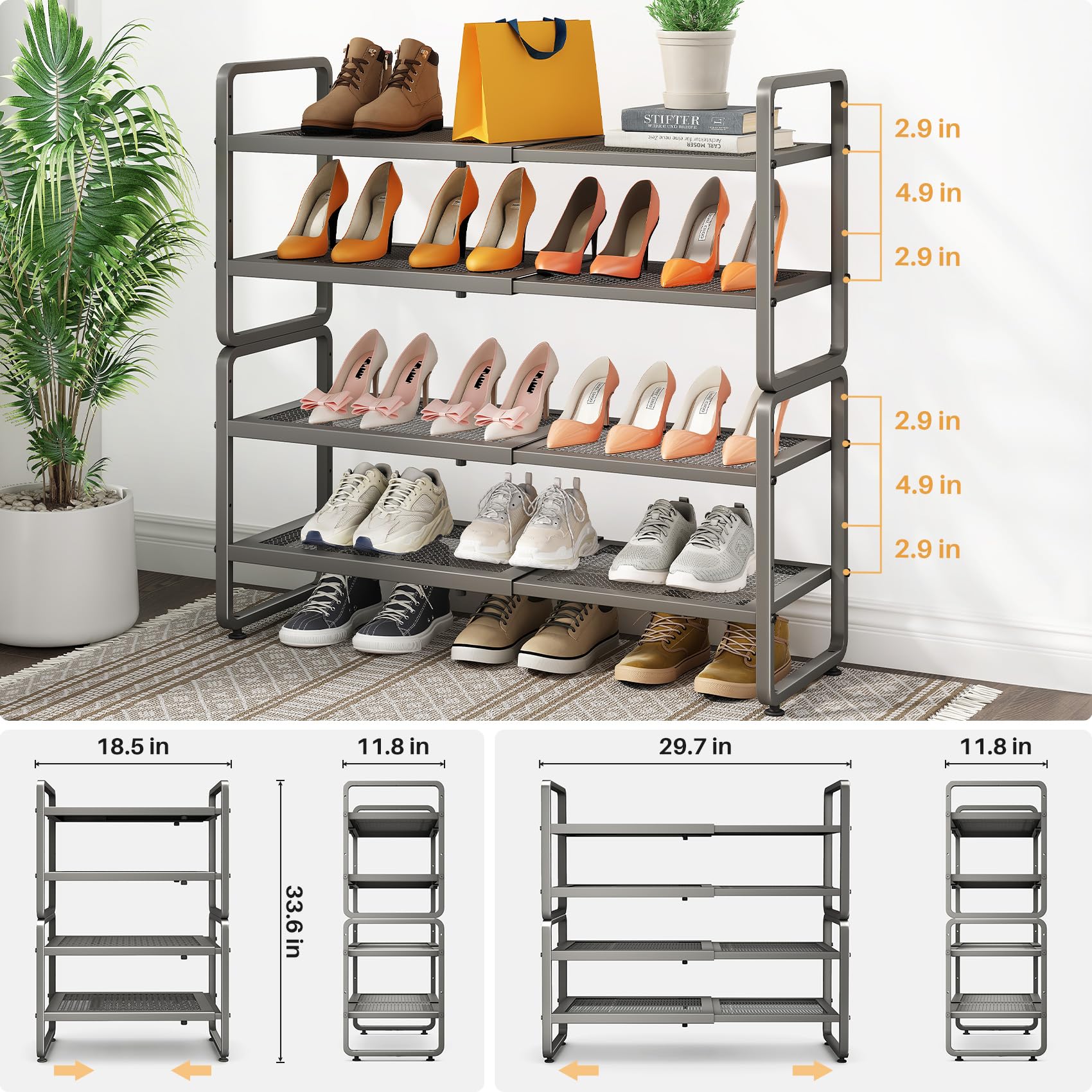 SNTD Shoe Rack - Expandable Shoe Organizer for Closet, Adjustable Metal Shoe Shelf Storage, Stackable Long Shoe Stand Holder for Garage, Entryway, Door Entrance (Black, 2-Tier)