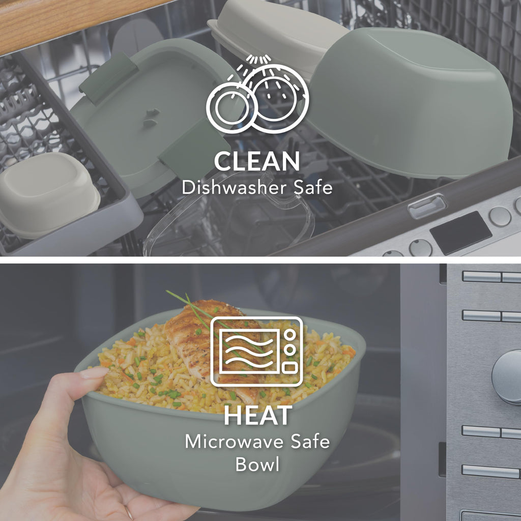 Bentgo Salad Container - 54 oz Bowl with 4-Compartment Toppings Tray, Leak-Proof Dressing Container, Reusable Fork, BPA-Free Lunch Box for Meal Prep & Food Storage; Removable Bento Tray (Khaki Green)