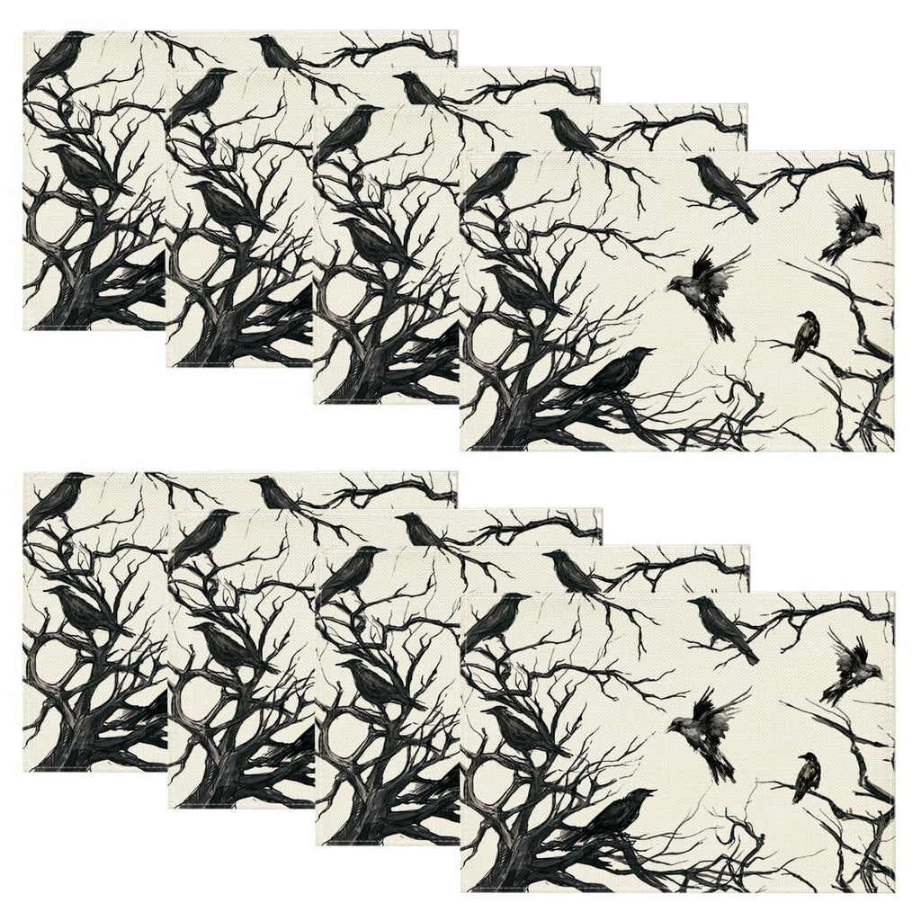 Artoid Mode Tree Crows Halloween Placemats Set of 4, 12x18 Inch Branches Fall Table Mats for Outdoor Home Party Kitchen Dining Decoration