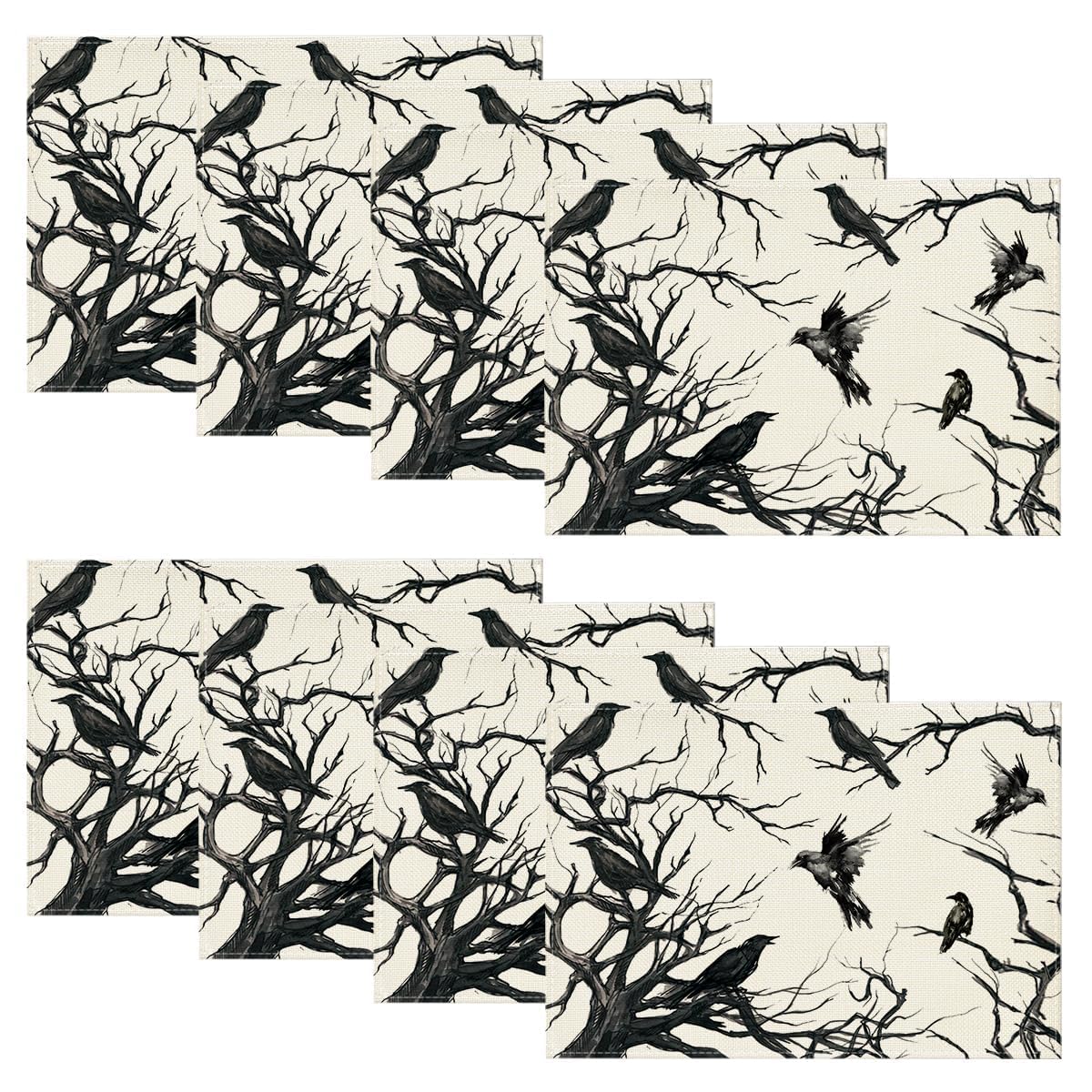 Artoid Mode Tree Crows Halloween Placemats Set of 4, 12x18 Inch Branches Fall Table Mats for Outdoor Home Party Kitchen Dining Decoration