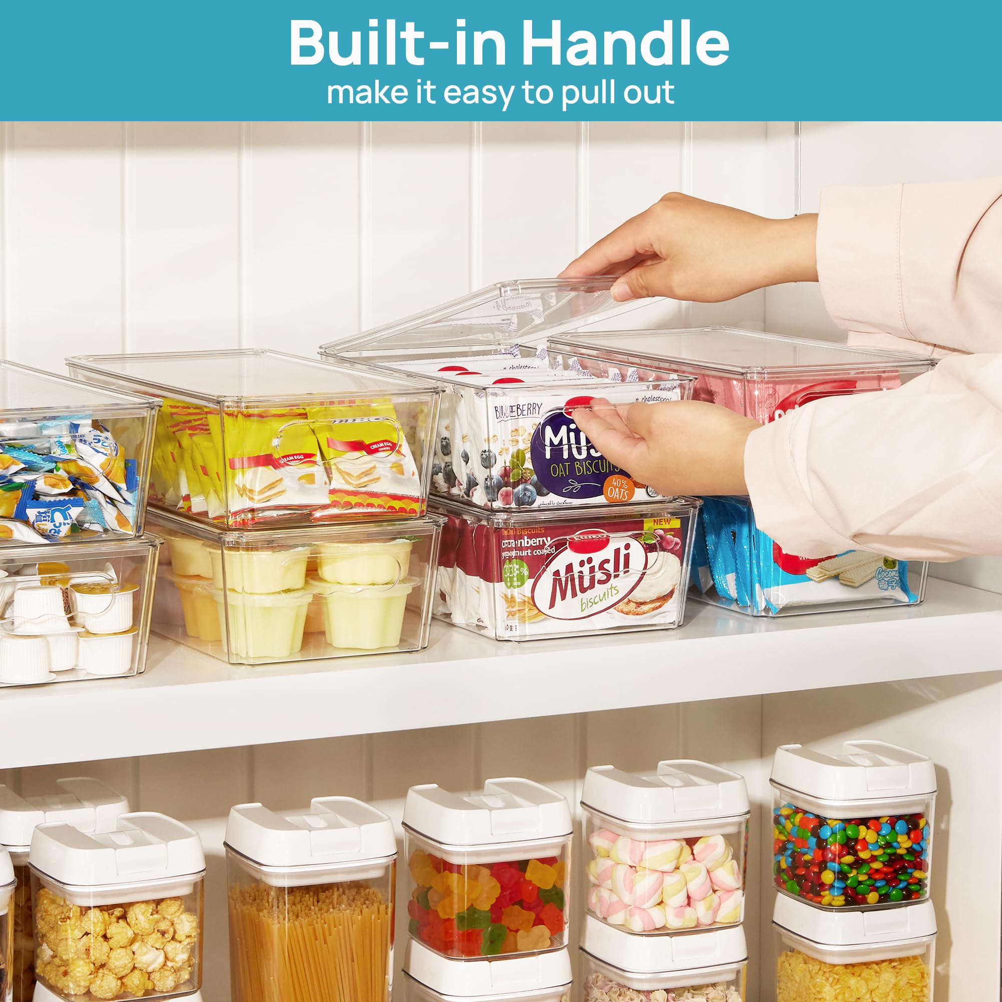 Vtopmart 8pcs Clear Organizers and Storage Bins with Lids, Stackable Plastic Storage Containers with Handles for Fridge, Freezer, Pantry, Cabinet, Kitchen Organization