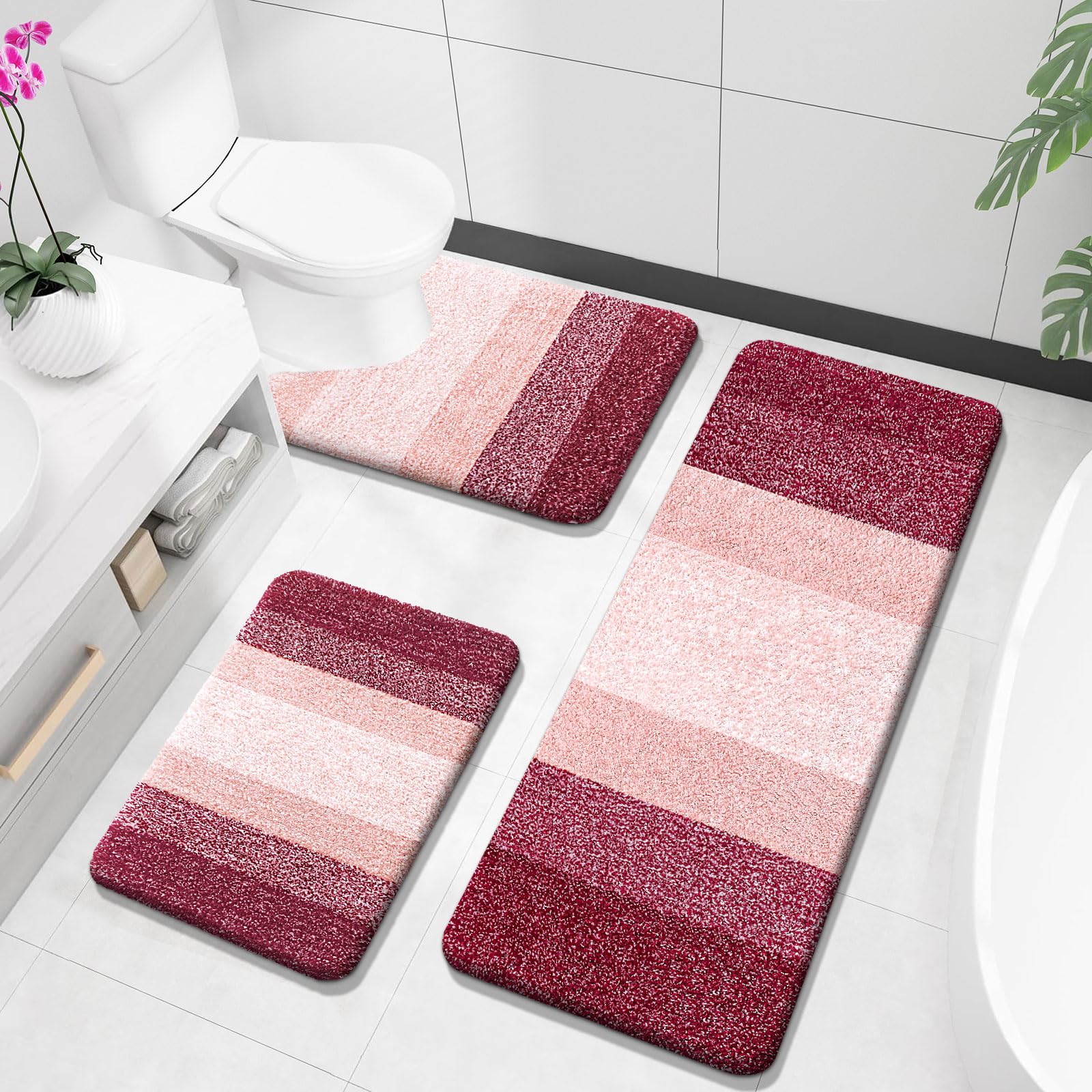 OLANLY Bathroom Rugs Sets 3 Piece, Soft Absorbent Microfiber Bath Mats and U-Shaped Contour Toilet Rug, Machine Wash Dry, Plush Shaggy Bath Mat Set for Bathroom (30"x20"+24"x16"+24"x20", Grey)