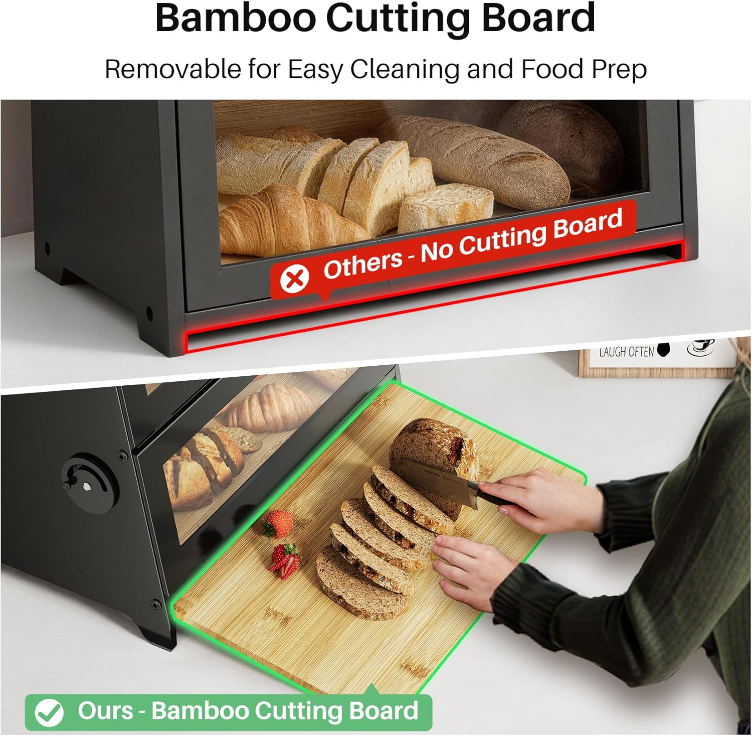 SNTD Bread Box - Kitchen Countertop Bread Storage Container with Bamboo Cutting Board, Adjustable Vent Hole Dials, Black