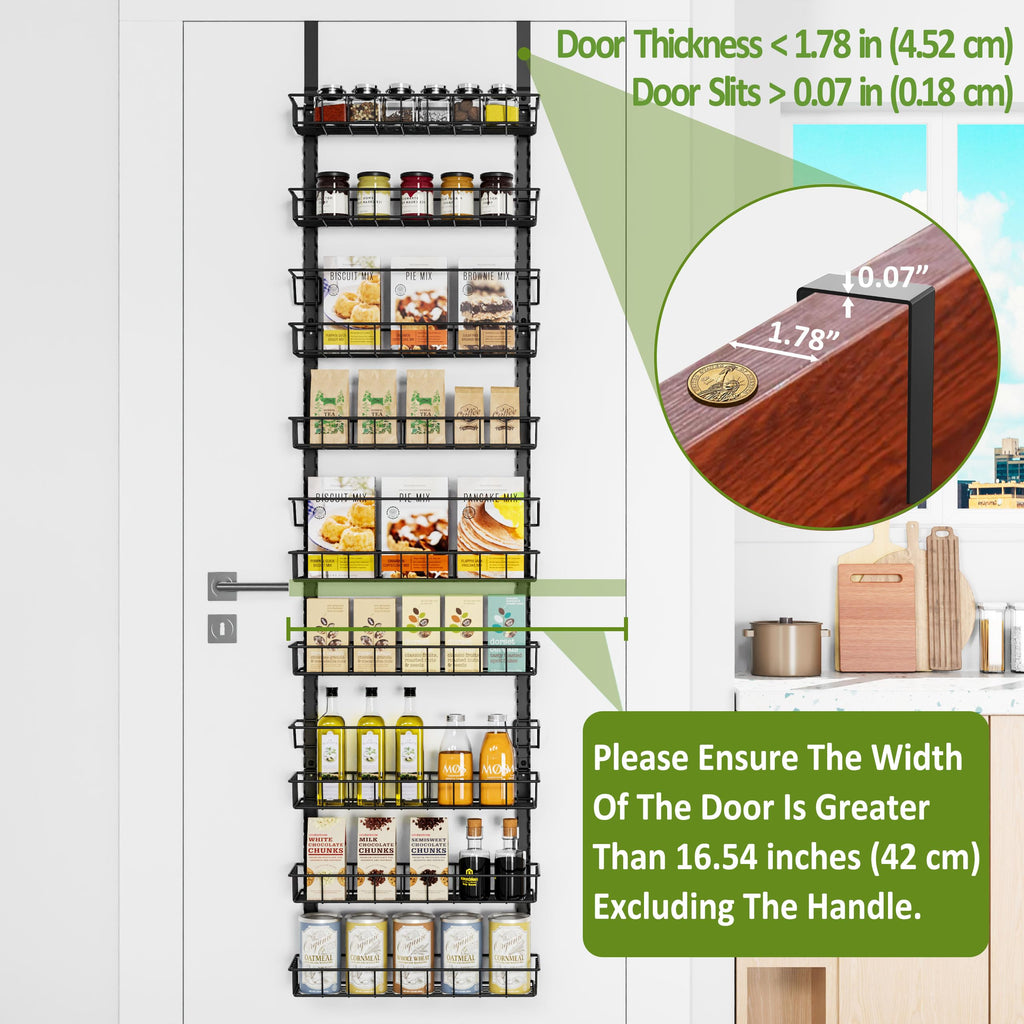 Churboro Over the Door Pantry Organizer Rack with 9 Adjustable Baskets, 9 Tiers Dual-use Hanging or Wall Mount Spice Rack Organizer, Black
