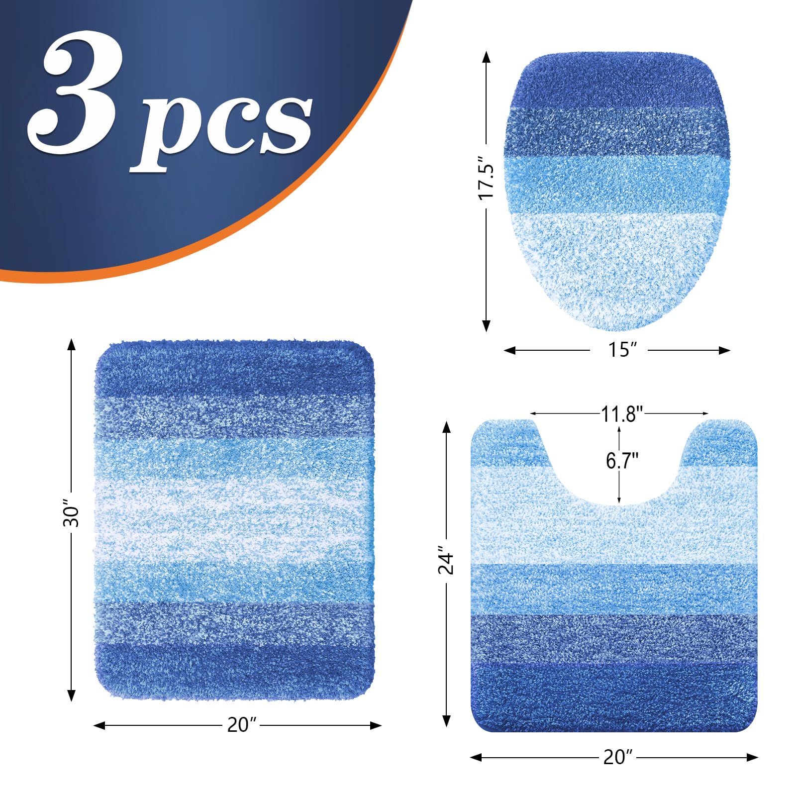 OLANLY Bathroom Rugs Sets 3 Piece, Soft Microfiber Absorbent Bath Mat, U-Shaped Contour Toilet Mat and Toilet Lid Cover, Quick Dry, Machine Washable, Toilet Cover and Rug Set for Bathroom, Grey