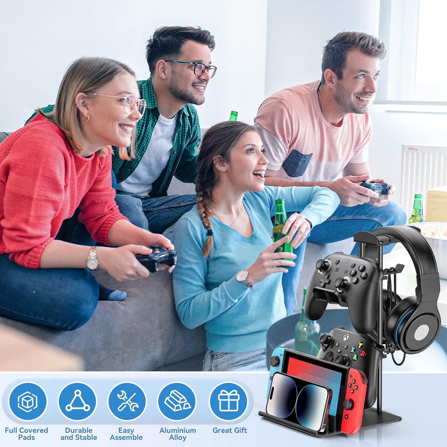 KDD Headphone Stand & Controller Holder & 4 in 1 Desk Cup Holder - Clamp on Under Desk Headphone Hanger