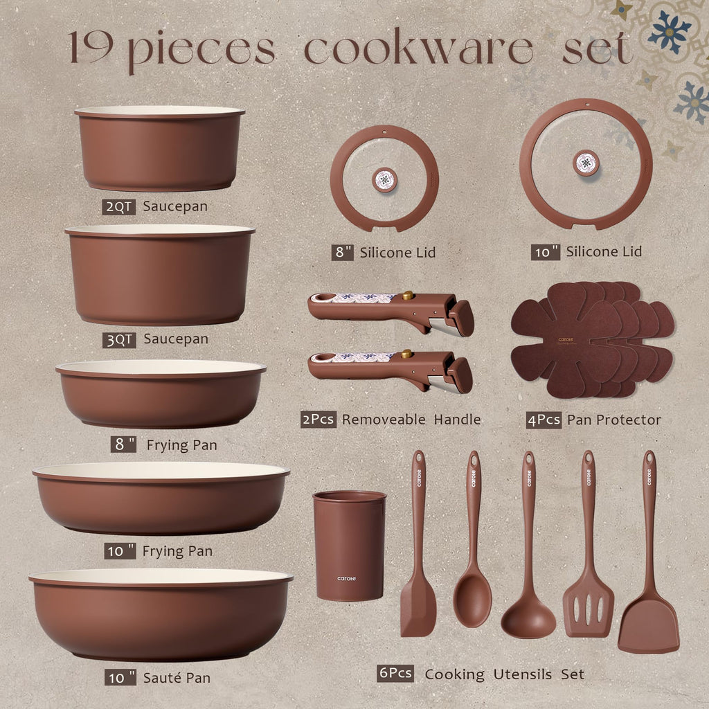 CAROTE 19Pcs Ceramic Cookware Set, Pots and Pans Set Non stick, Non Toxic Cookware Detachable Handle, Kitchen Cooking Set - Induction Cookware, Dishwasher/Oven Safe, PFAS Free, Green