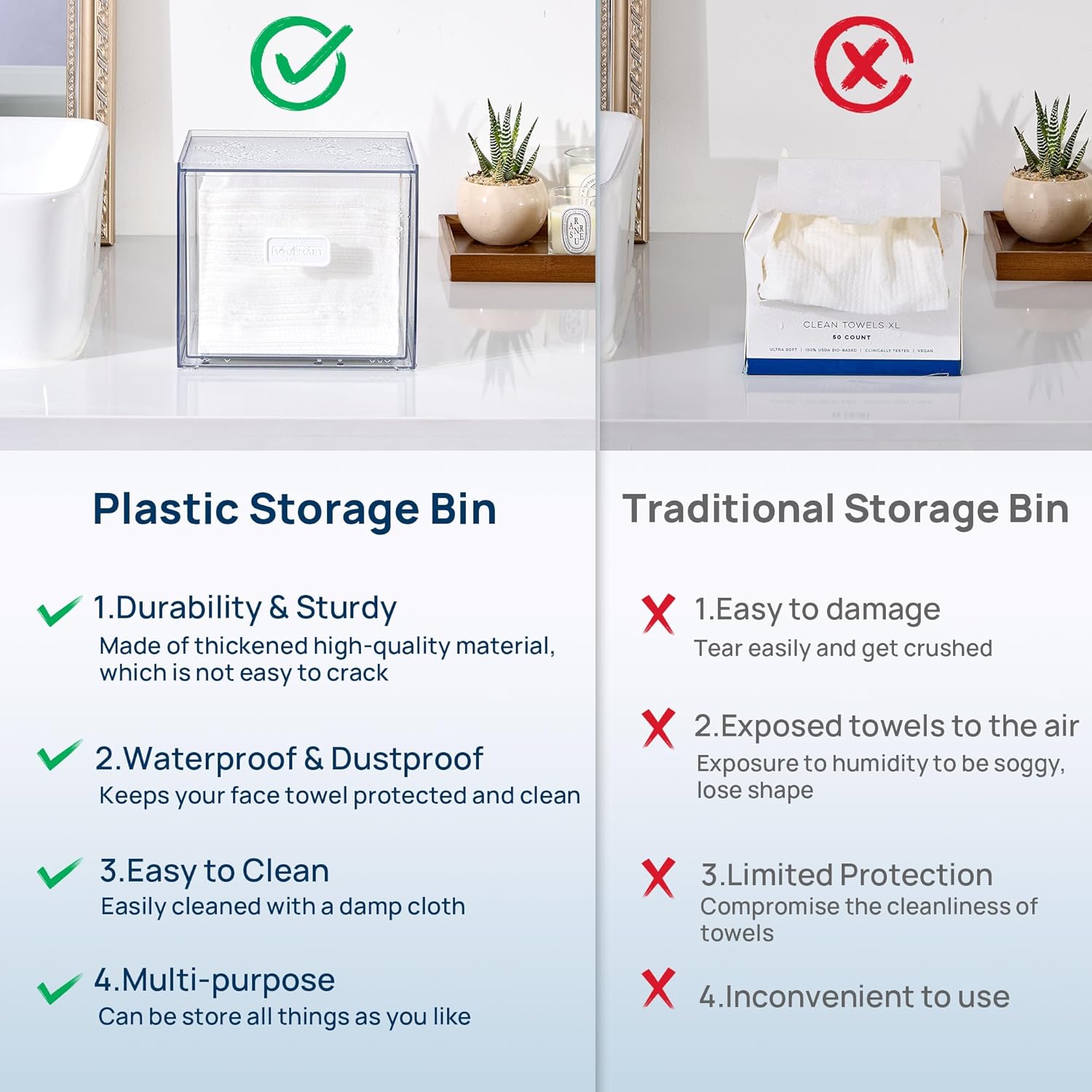 Vtopmart Disposable Facial Towels Holder,Clear Storage Drawer Compatible with Clean Skin Club Towel XL,Acrylic Box Hold 50 Count,Stylish and Functional Bathroom Accessory for Coutertop Organization