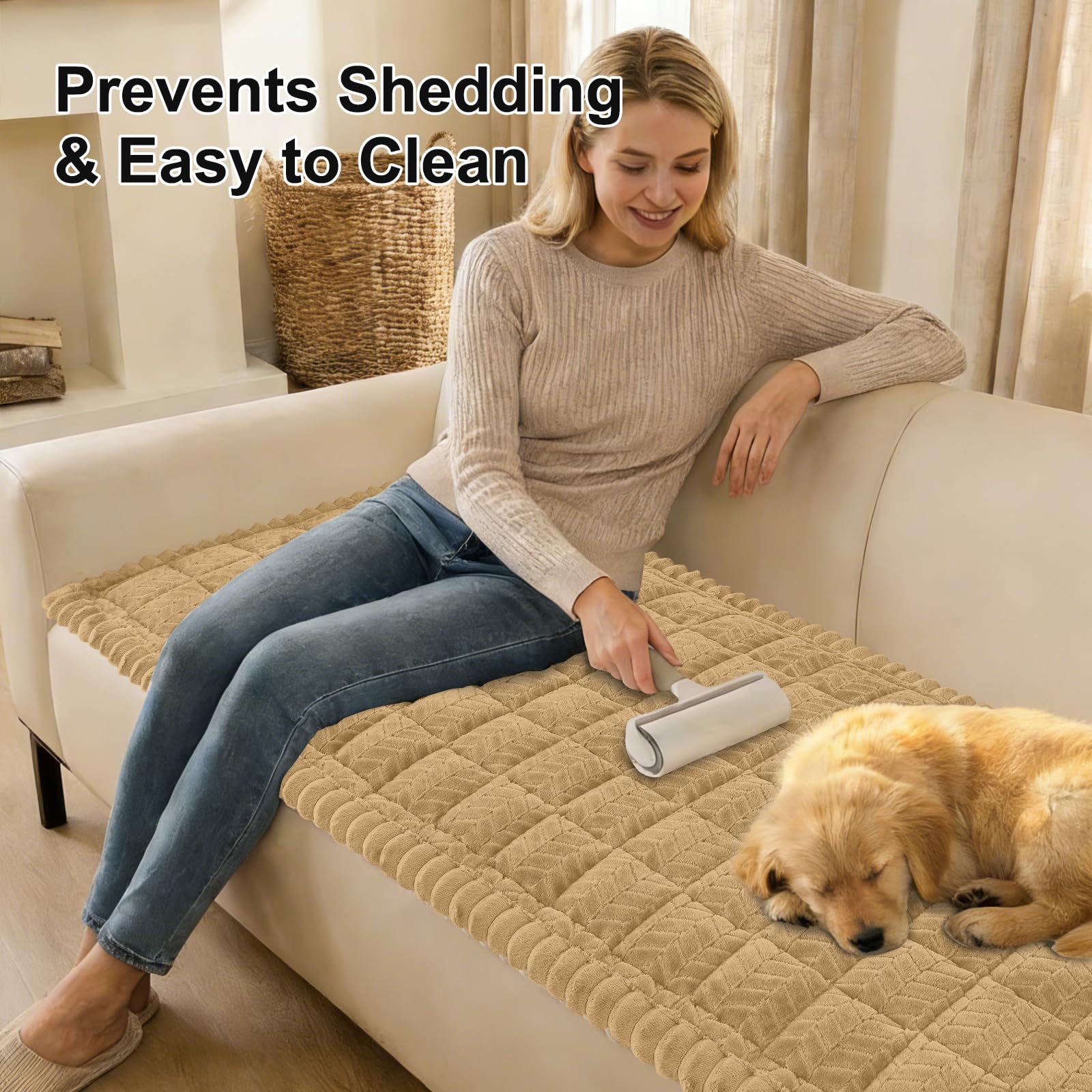 Smiry Non Slip Couch Covers for Dogs, Fuzzy Pet Couch Covers for 2-3 Cushion Sofa Pet Friendly, Soft Sofa Slipcovers Cushion Furniture Protector Washable (Beige, 27.6" x 59")