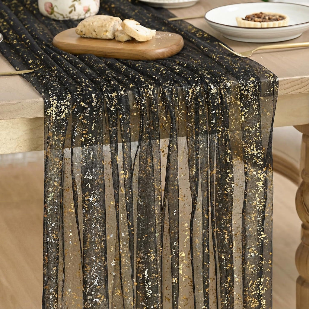 Artoid Mode Beige Gold Gauze Table Runner 120 Inch 10FT, Glitter Metallic Foil Sheer Dining Wedding Anniversary Holiday Birthday Table Decor for Home Party