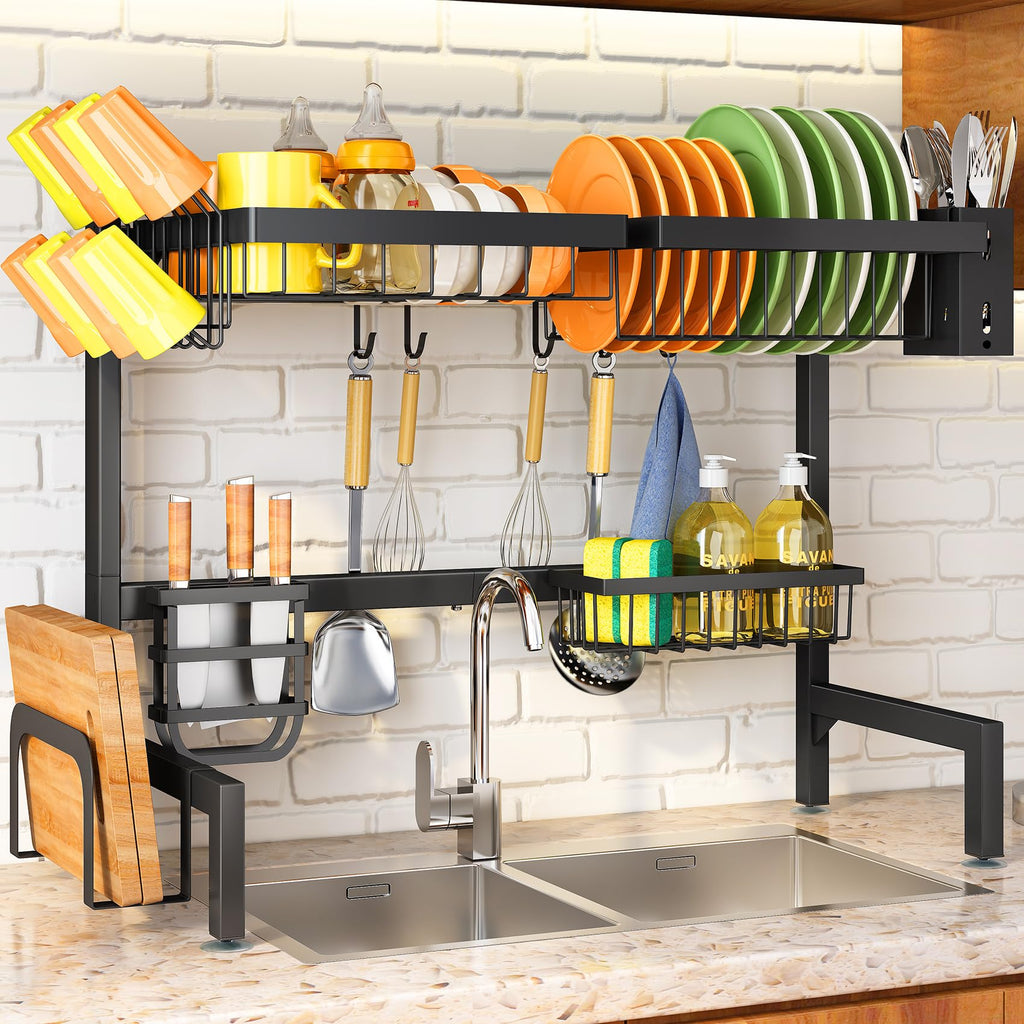 SNTD Over The Sink Dish Drying Rack - Adjustable Dish Rack for Kitchen Counter, Metal (Black)