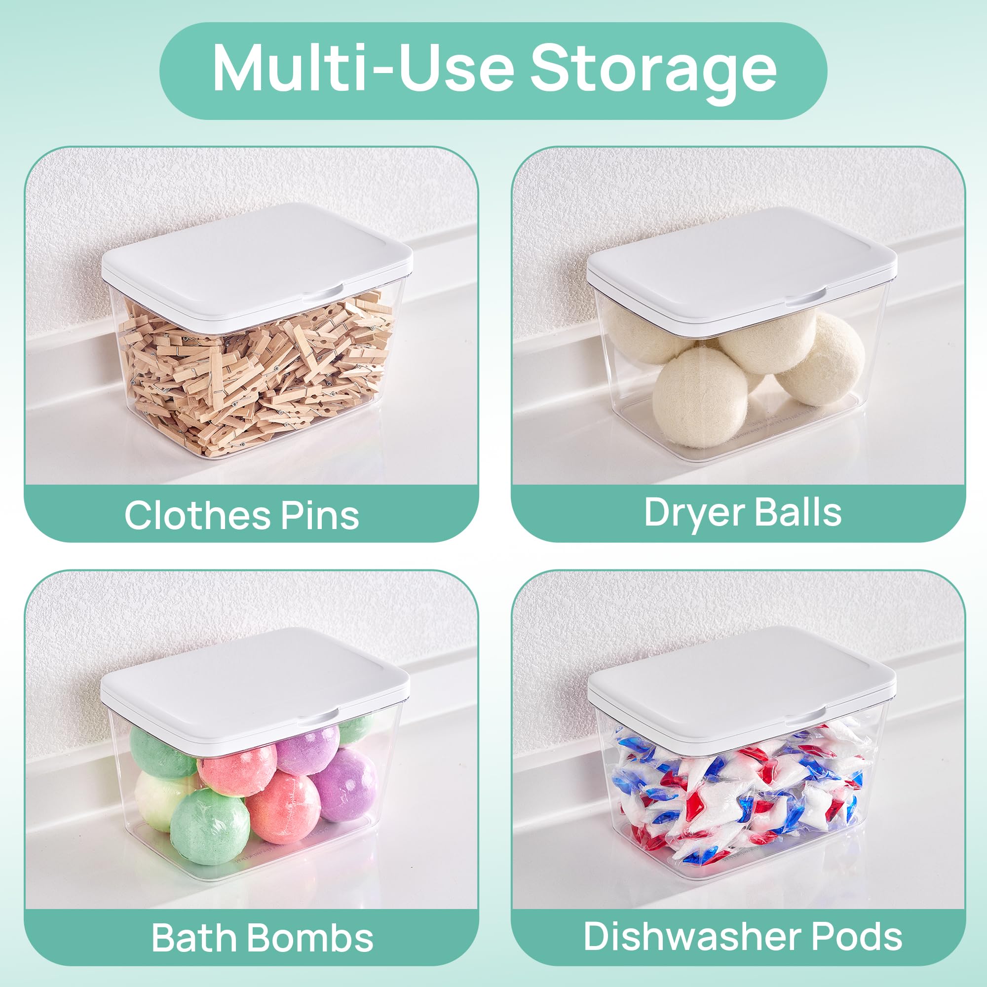 Vtopmart 4 Pack Laundry Pods Container and Dryer Sheet Holder, Detergent Powder Container with Lids &Labels & Scoop for Laundry Room Organization, Laundry Storage for Powder, Pods, Scent Booster Beads