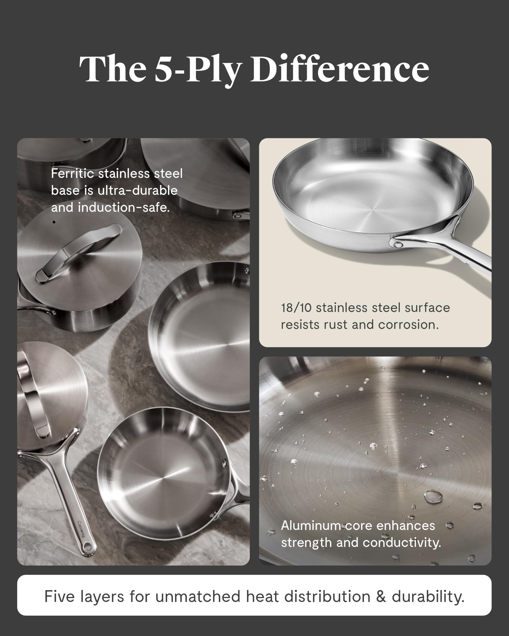 Caraway Stainless Steel Cookware Set – 12 Piece 5-Ply Stainless Steel Pots and Pans Set - Includes Fry, Sauce, Sauté Pan, Dutch Oven, and Space-Saving Storage - Non Toxic, PTFE & PFOA Free