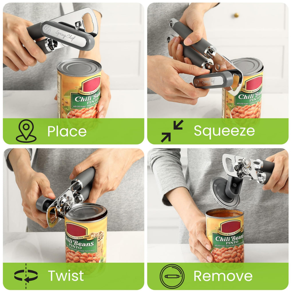Spring Chef Stainless Steel Can Opener - Manual with Soft Grip Handles, Easy Turn, Heavy Duty Hand Can Openers for Seniors with Smooth Edge - Magnetic Lid Remover - Black