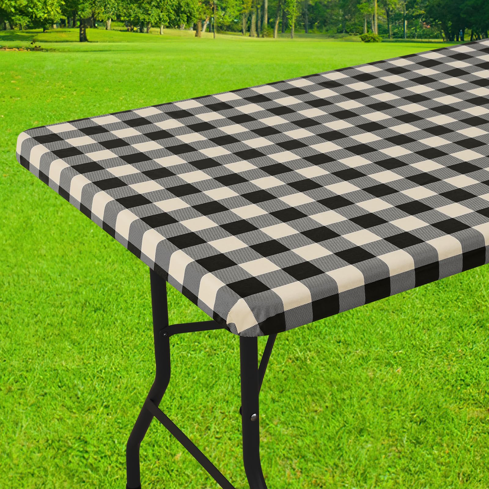 Smiry Rectangle Picnic Table Cloth, Elastic Waterproof Fitted Vinyl Tablecloths, Flannel Backed Buffalo Plaid Table Covers for Dining, Camping, Outdoor (Black and White, 30" x 72")