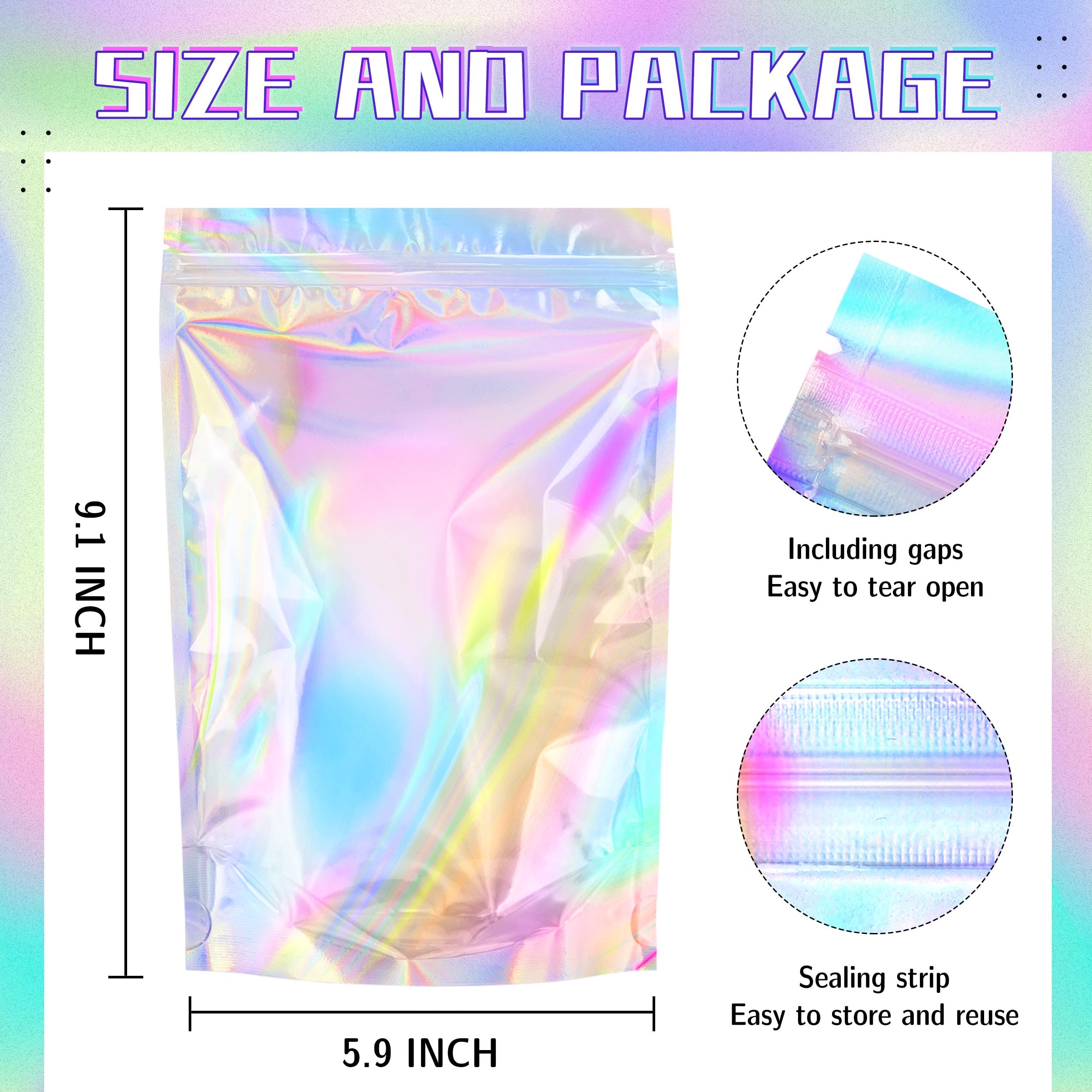 Holographic Mylar Bags Resealable Smell Proof Bags for lip gloss, Jewelry, Lash Candy and More - Small Business Packaging Supplies(100PACK, 3x9INCH)