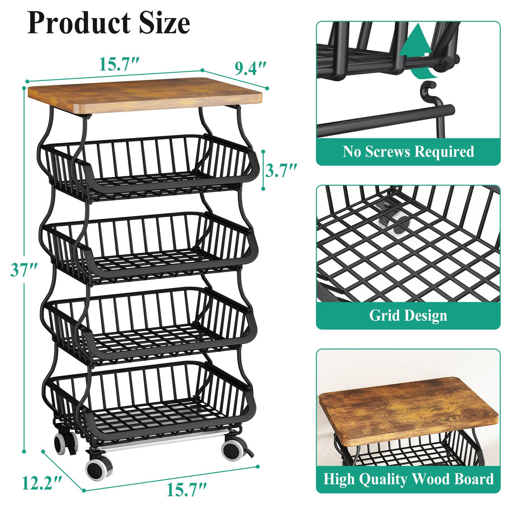 SAYZH Fruit Basket Kitchen Pantry Organizers and Storage - Wooden Top Table, Stackable Metal Wire Basket Stand Cart for Fruit Vegetable Snacks Onion Potato Organization, Black