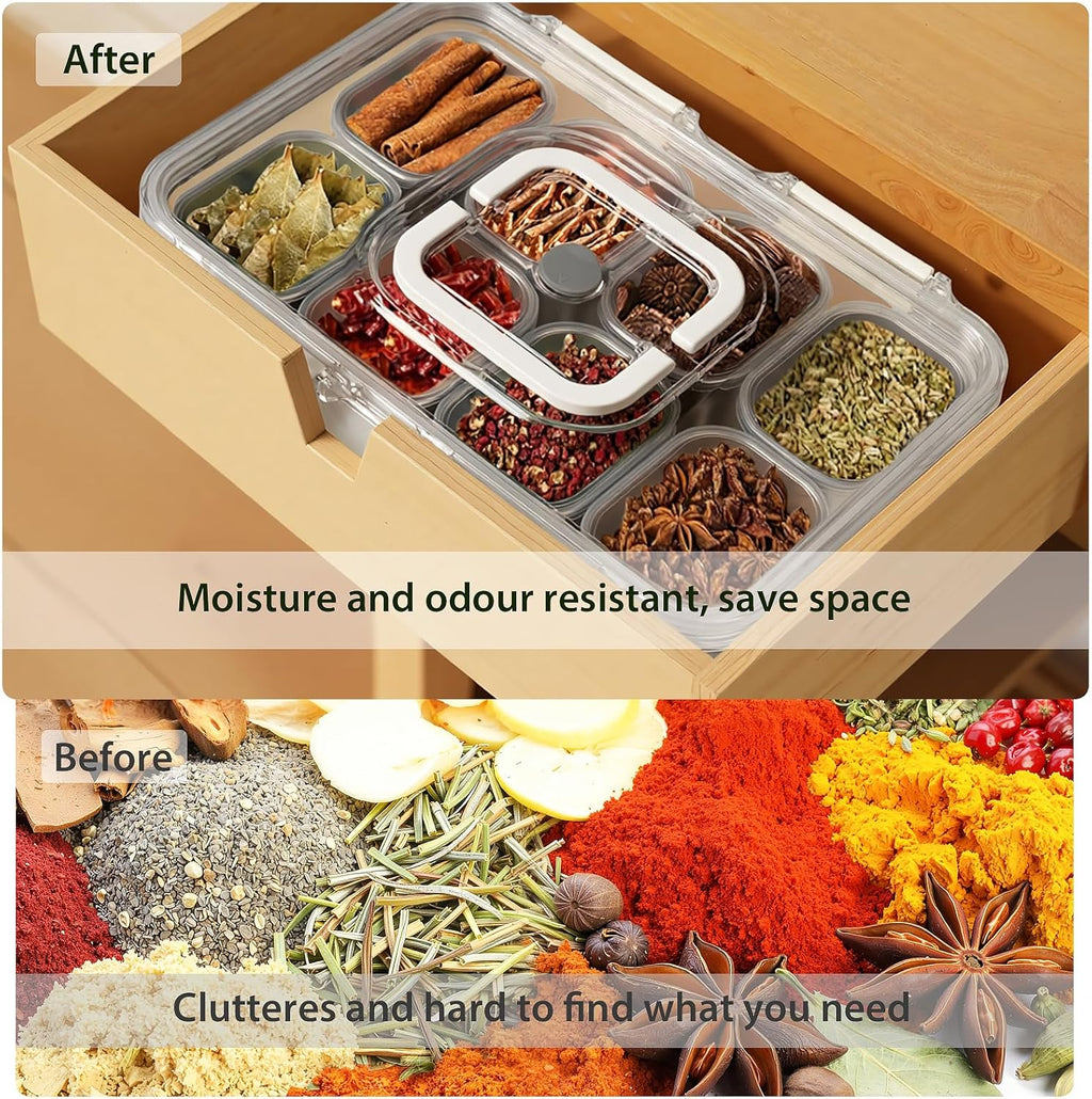 Snackle Box Container, Stainless Steel Divided Serving Tray with Lid and Handle, 8 Compartment Portable Snack Platters - Clear Storage Organizer for Fruit Candy Nuts Veggie - Perfect for Travel Party