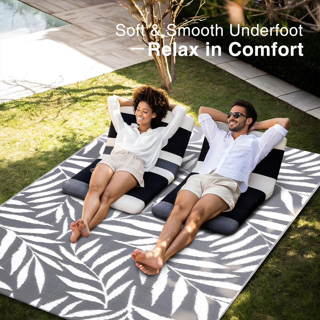 OLANLY Waterproof Outdoor Rug 5x8 ft, Reversible Outdoor Plastic Straw Rug with Leaf Pattern, RV Mat, Indoor Outdoor Carpet for Patio, Camping, Balcony, Deck, Backyard, Grey & White