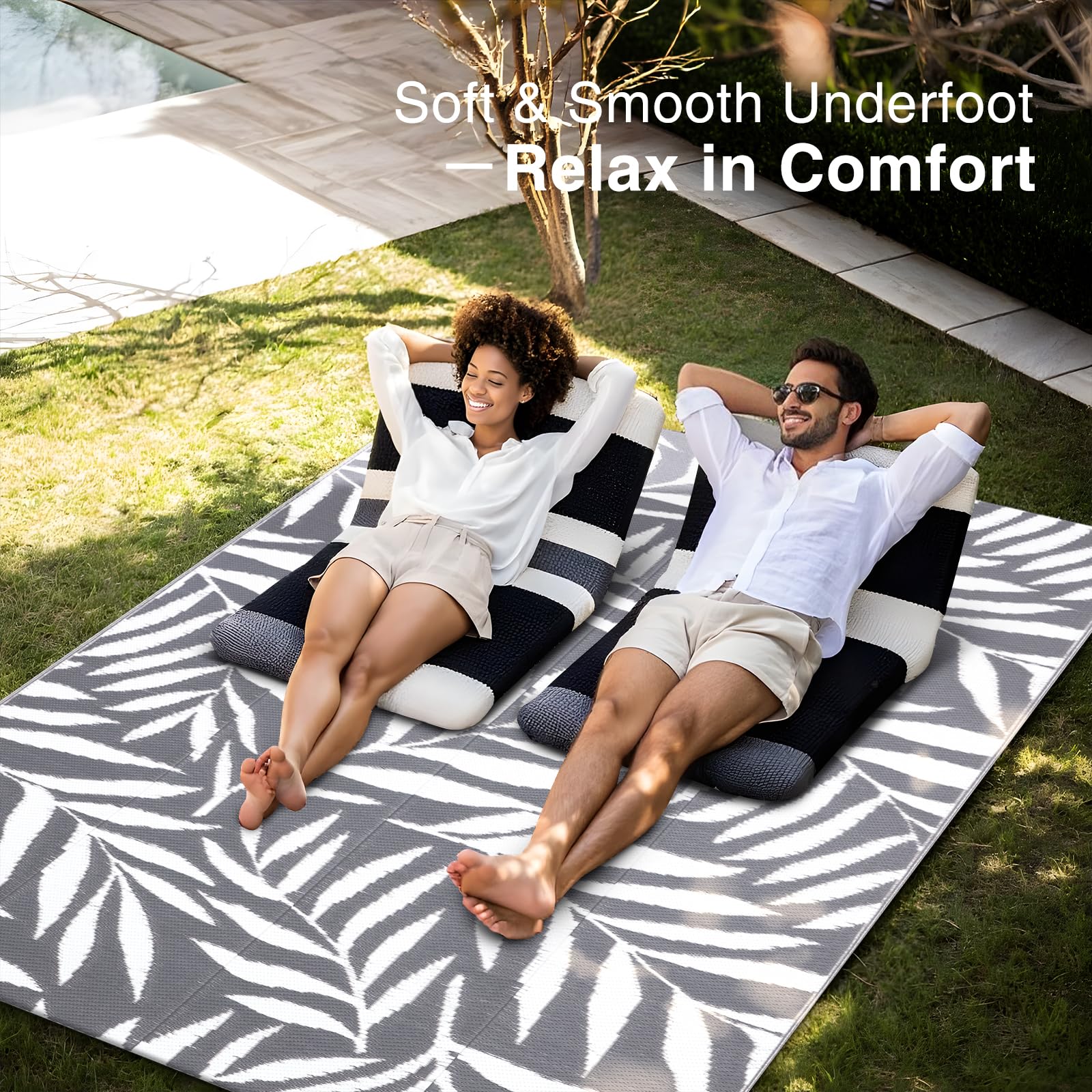 OLANLY Waterproof Outdoor Rug 5x8 ft, Reversible Outdoor Plastic Straw Rug with Leaf Pattern, RV Mat, Indoor Outdoor Carpet for Patio, Camping, Balcony, Deck, Backyard, Grey & White