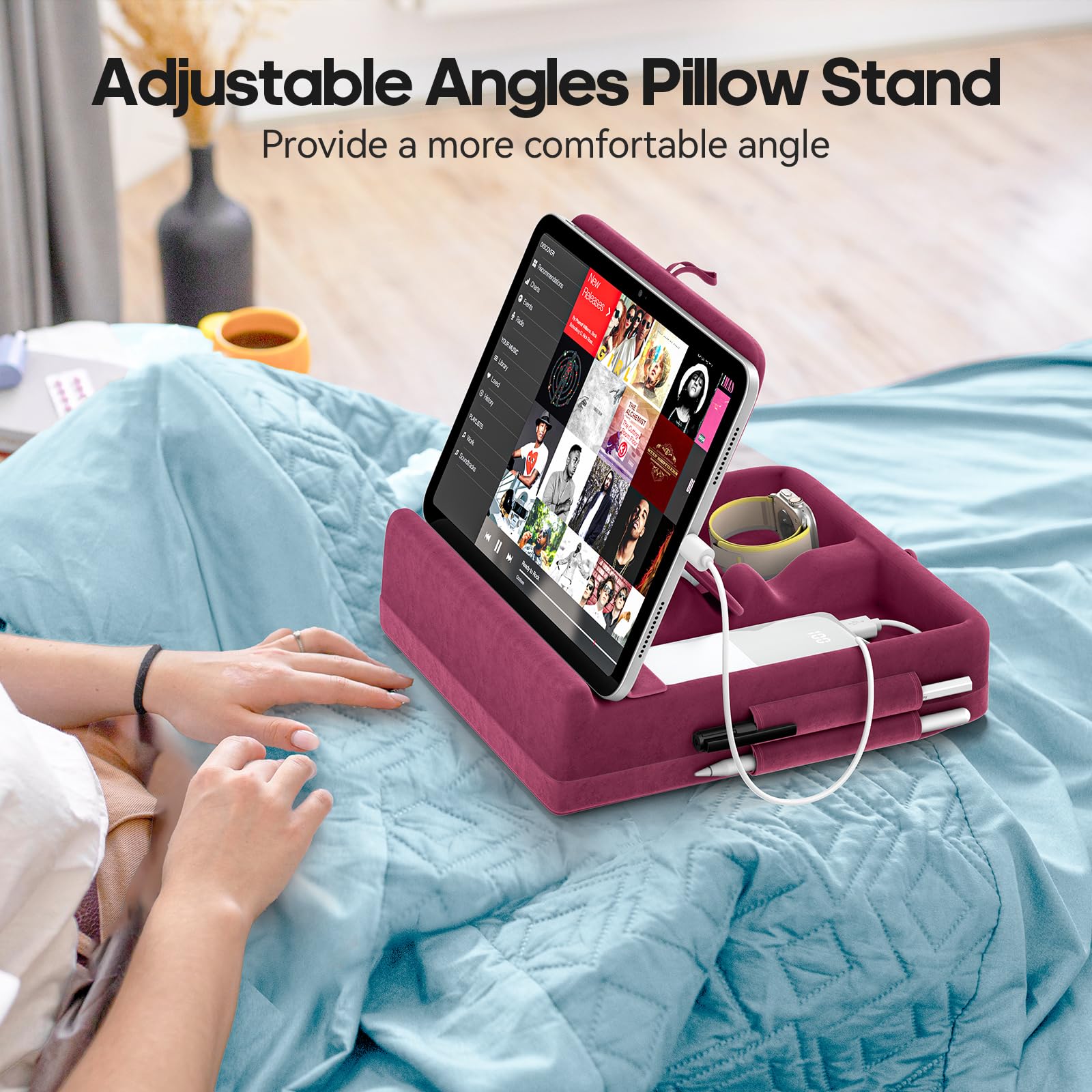 KDD Tablet Pillow Stand with Storage, Foldable iPad Holder for Bed, Lap and Desk, Angle Adjustable Soft Pad Dock with Stylus Mount Compatible with Ipad Pro 12.9, 10.5, 11, Air, Mini, Phones, Books