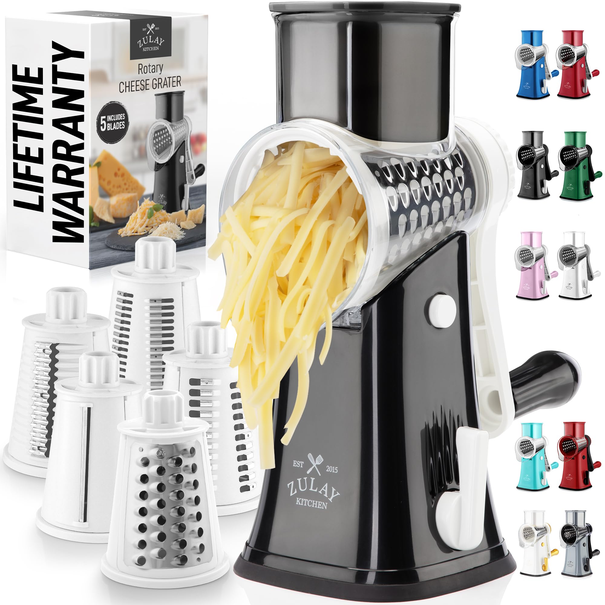 Zulay Kitchen Rotary Cheese Grater 5 Blade Cheese Shredder - Manual Hand Crank Cheese Grater With Reinforced Suction & 5 Interchangeable Drums - Easy to Use, Vegetable Chopper Round Mandoline Slicer