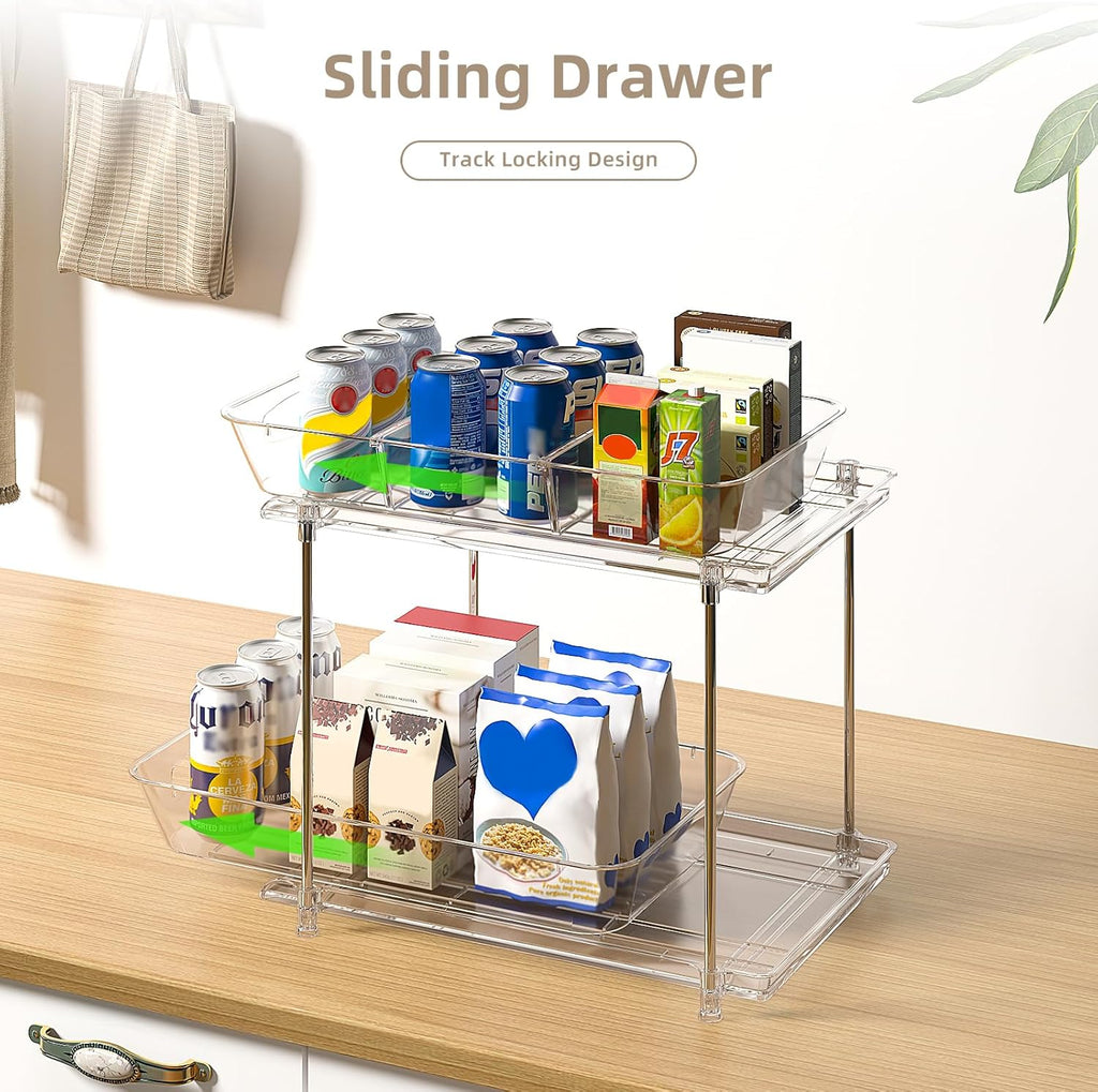 2 Pack Bathroom Cabinet Organizer, 2 Tier Clear Under Sink Organizers and Storage Medicine Cabinet Organizer with Dividers, Pull Out Kitchen Pantry Shelf Cupboard Closet Vanity Organization Bins