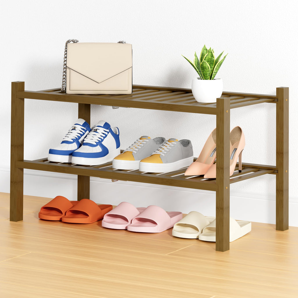 Smiry Shoe Rack, 3 Tier Bamboo Shoe Organizer, Stackable Free Standing Wooden Shoe Storage Shelf for Closet, Entryway, Front Door Entrance, Natural