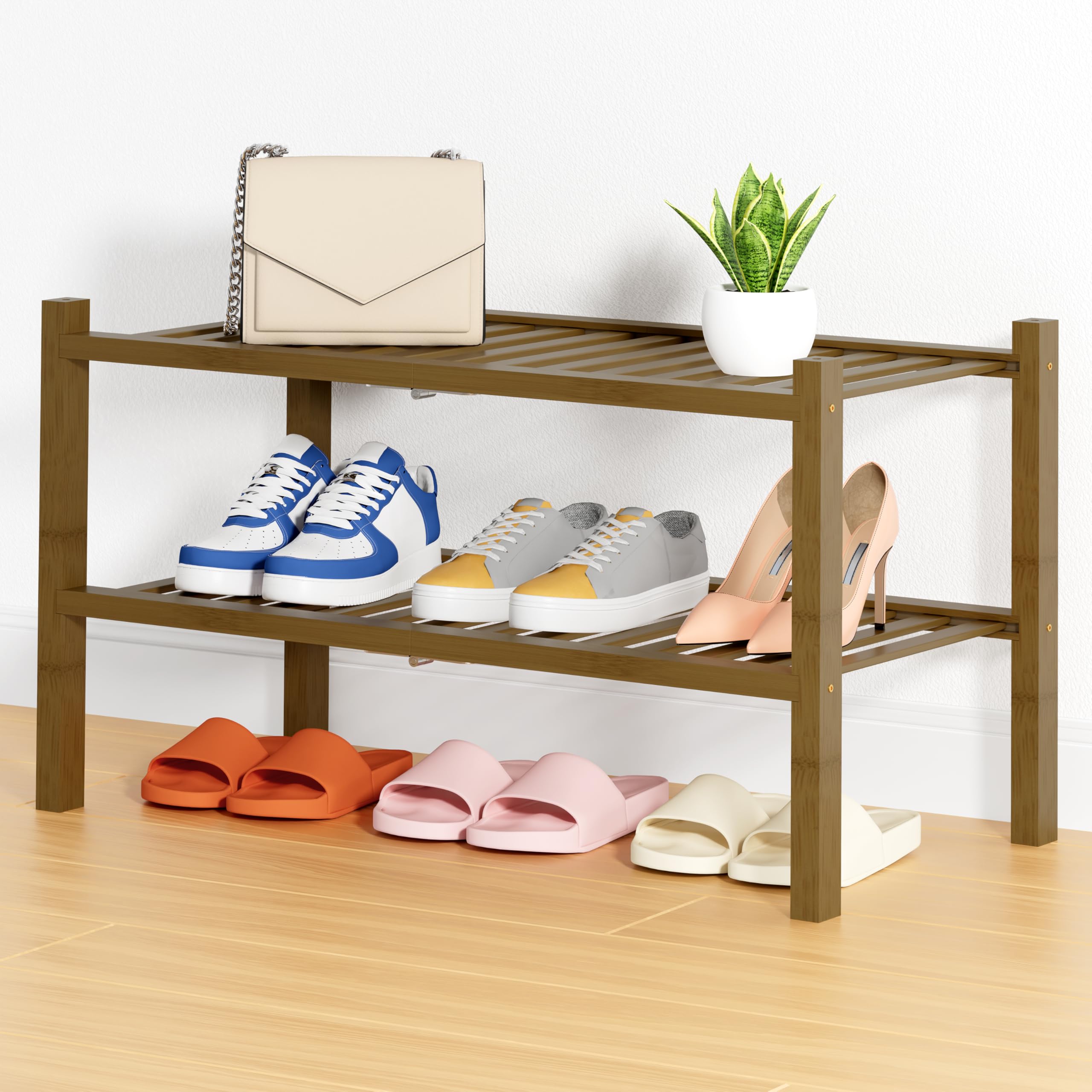 Smiry Shoe Rack, 3 Tier Bamboo Shoe Organizer, Stackable Free Standing Wooden Shoe Storage Shelf for Closet, Entryway, Front Door Entrance, Natural