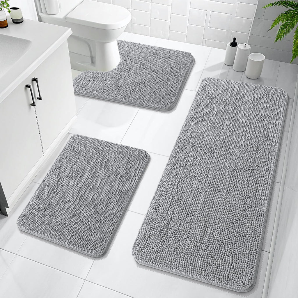 OLANLY Bathroom Rugs Sets 3 Piece, Soft Absorbent Chenille Bath Mats and U-Shaped Contour Toilet Rug, Quick Dry, Home Decor Accessories, Bath Mat Set for Bathroom (30"x20"+24"x16"+24"x20", Grey)