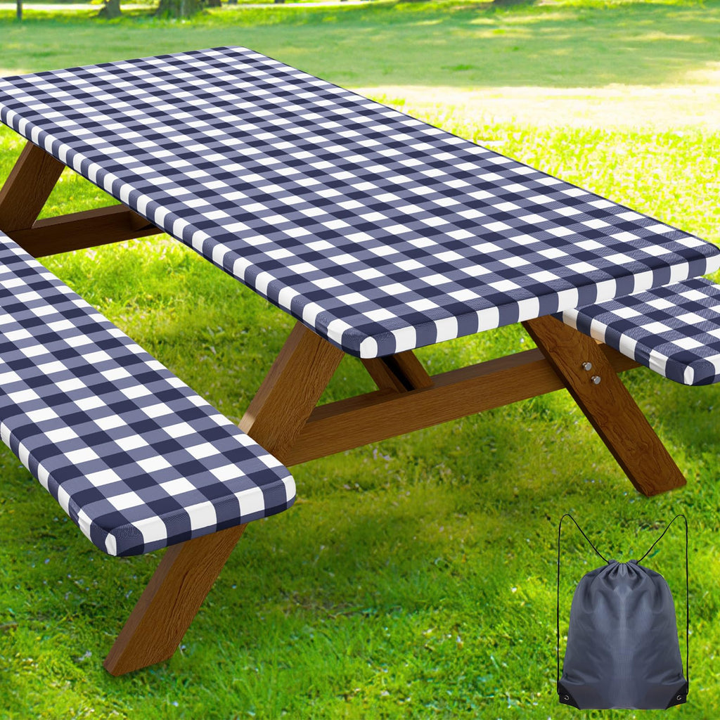 Smiry Picnic Table Cover with Bench Covers, Waterproof Elastic Fitted Tablecloths for 6 Foot Rectangle Tables, Washable Buffalo Plaid Tablecloth for Camping, Outdoor (Black & White, 30"x72")