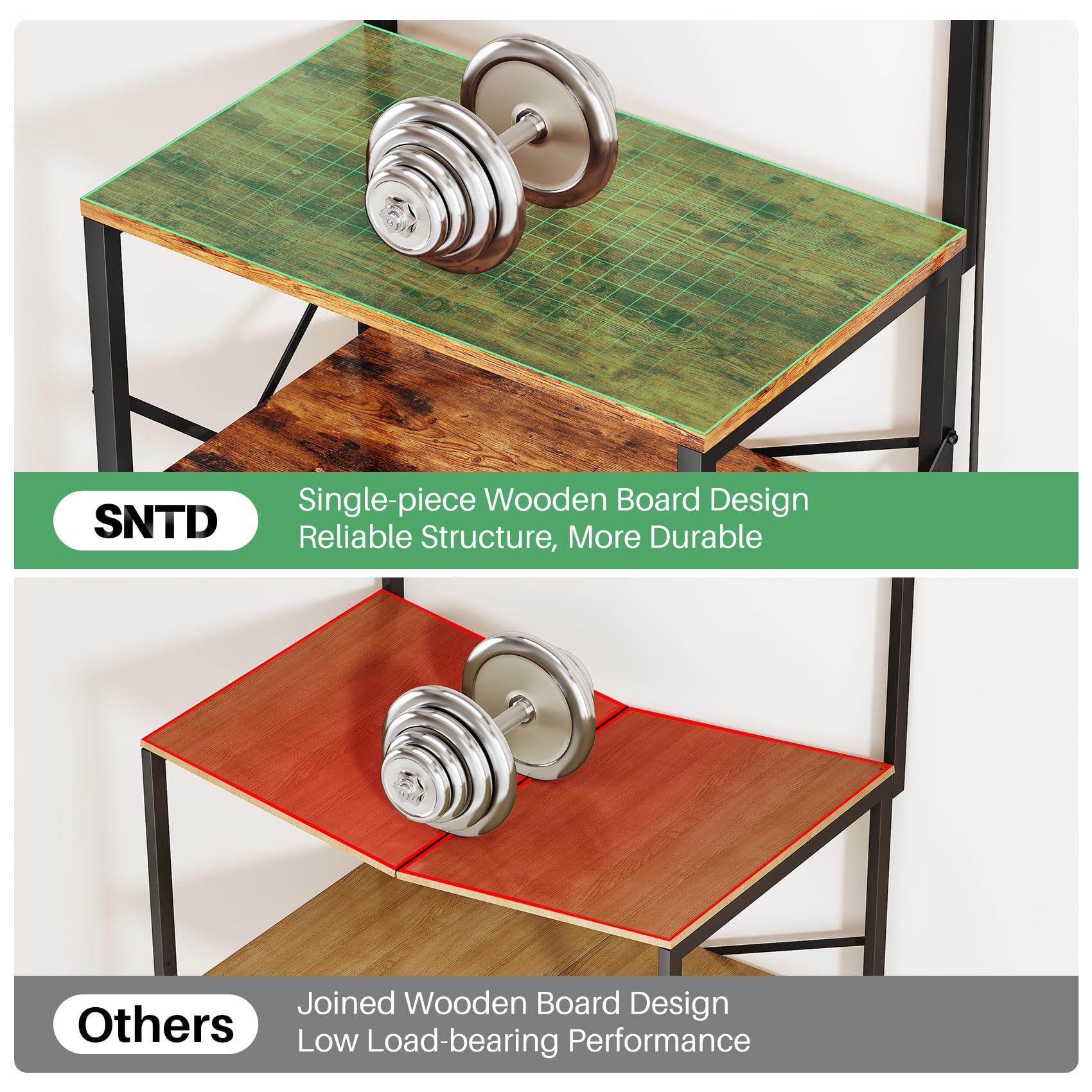 SNTD Bakers Rack with Power Outlet, Kitchen Shelves Microwave Stand with Wire Grid and 10 Hooks, 4 Tiers Coffee Stand (Rustic Brown, 23.5 x 15.6 x 52.8 Inches)